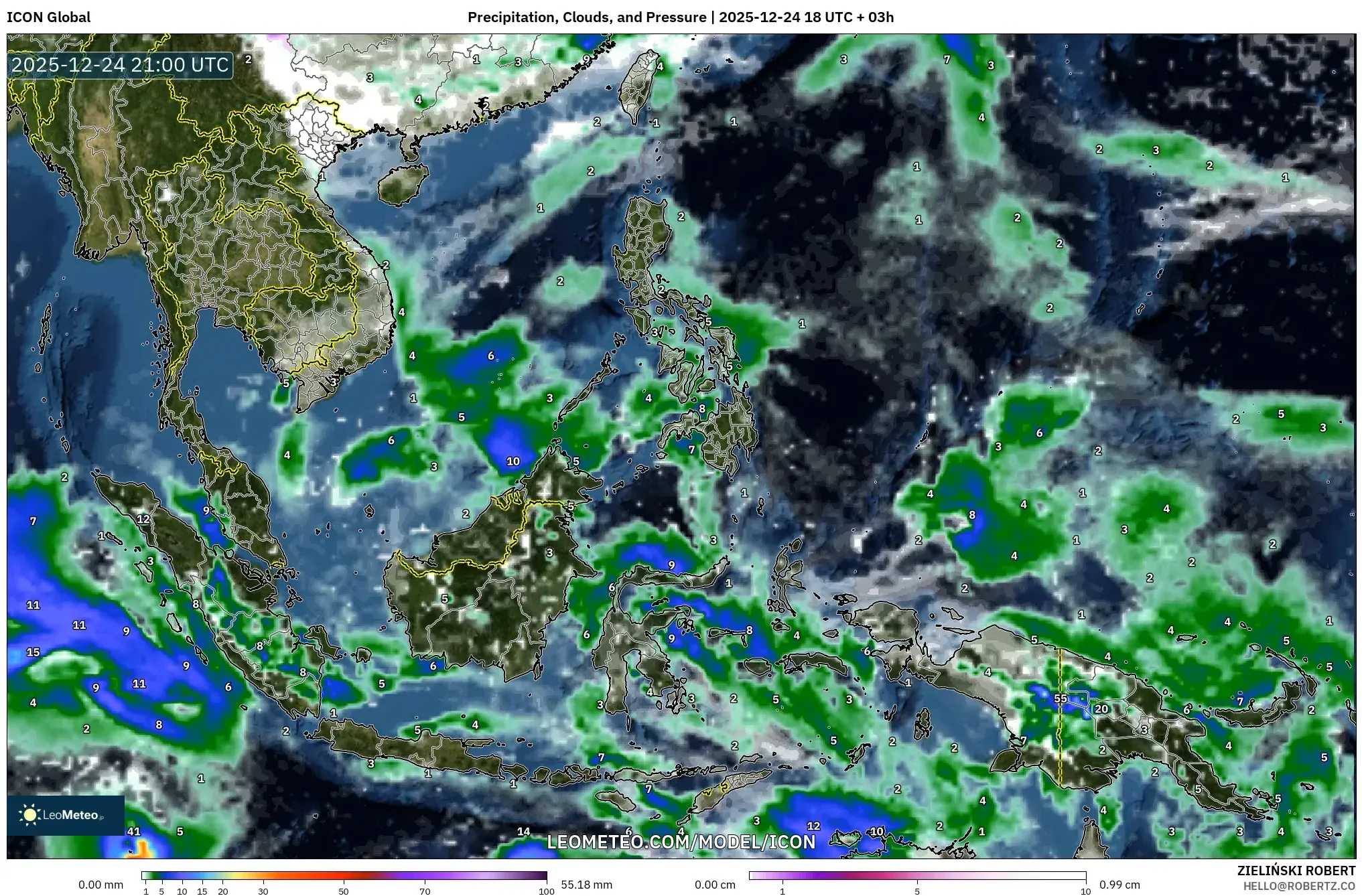 ICON model - South East Asia, Precipitation, Clouds, and Pressure