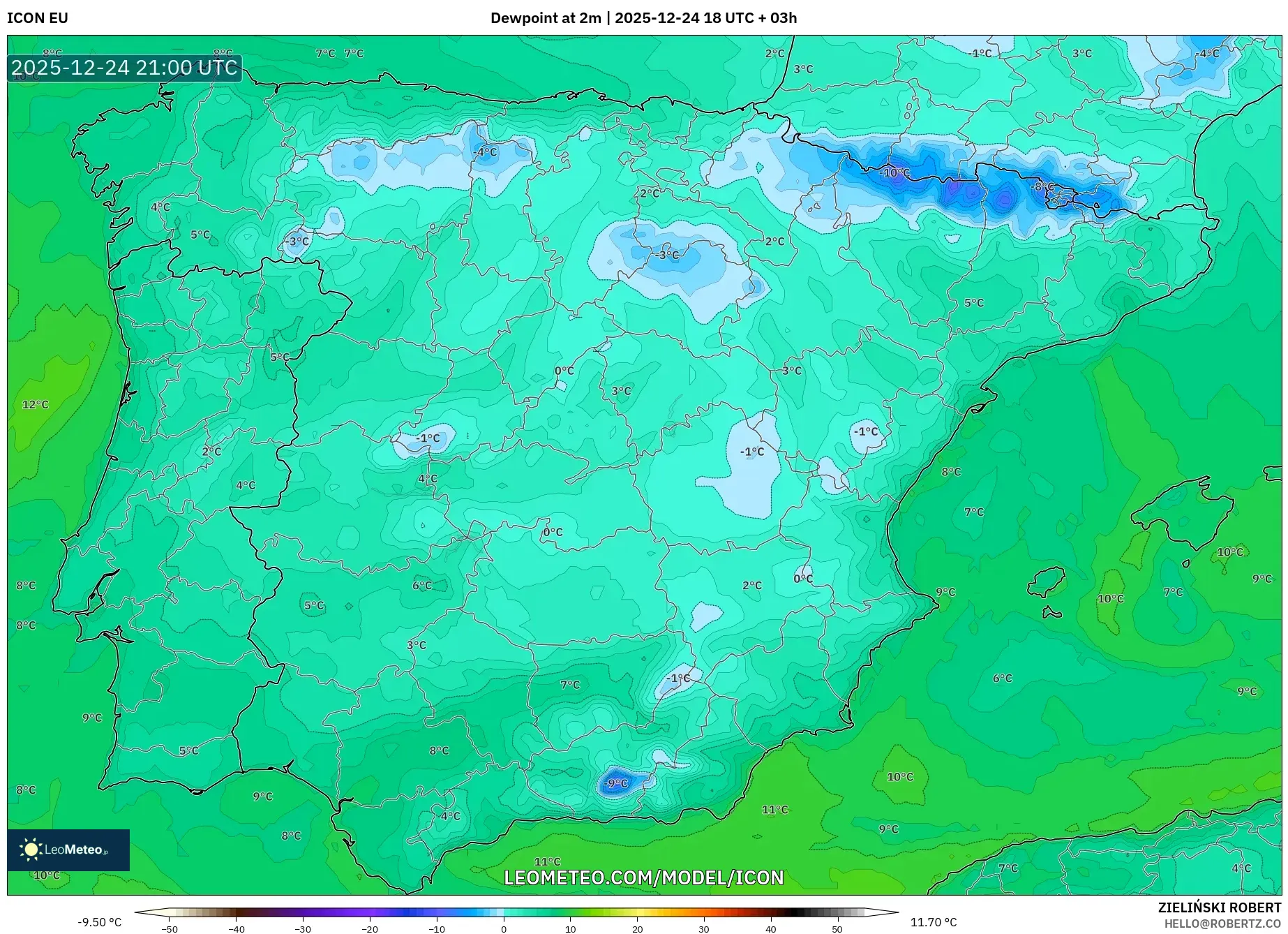 ICON model - Spain, Dewpoint at 2m