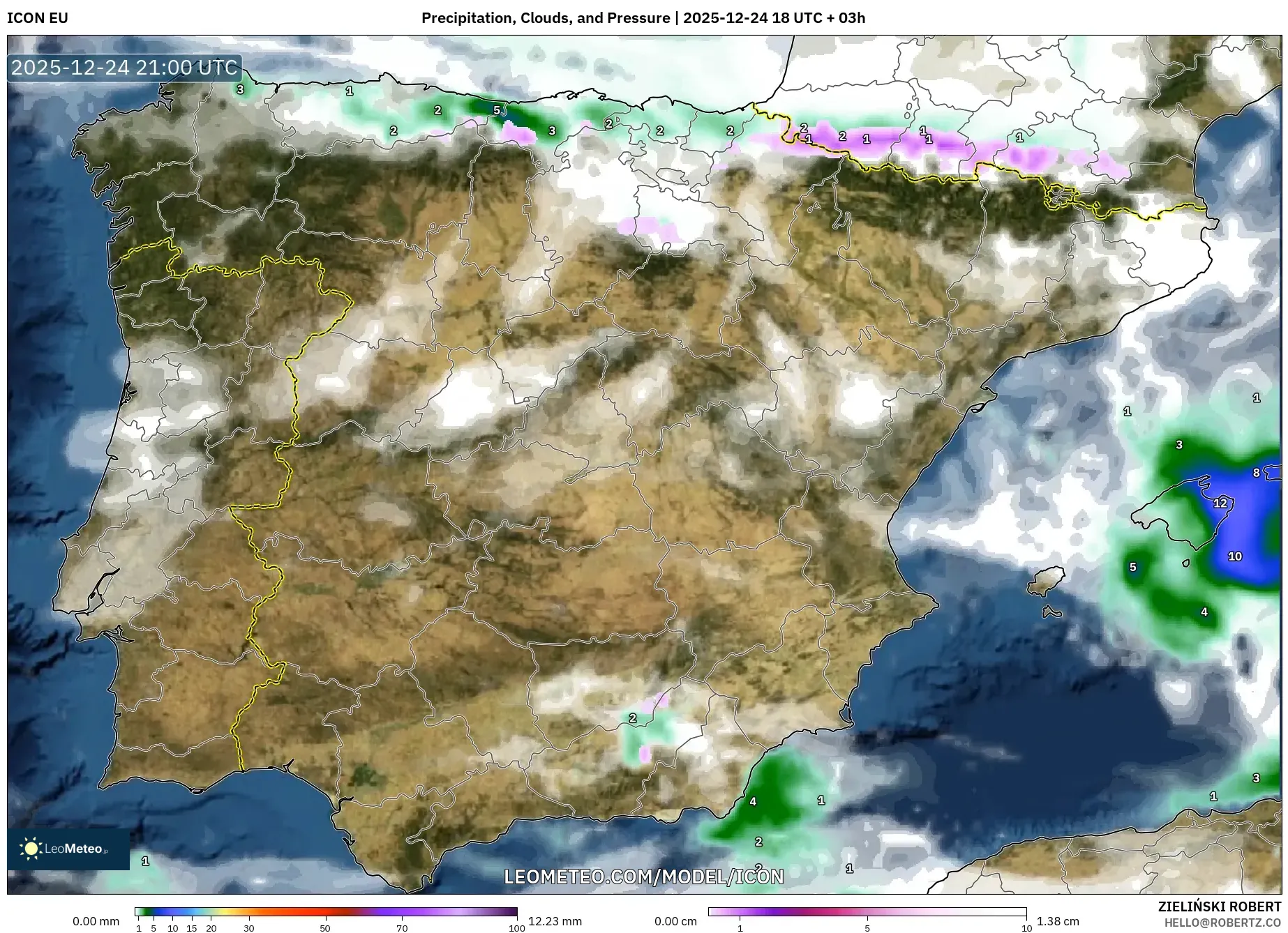 ICON model - Spain, Precipitation, Clouds, and Pressure