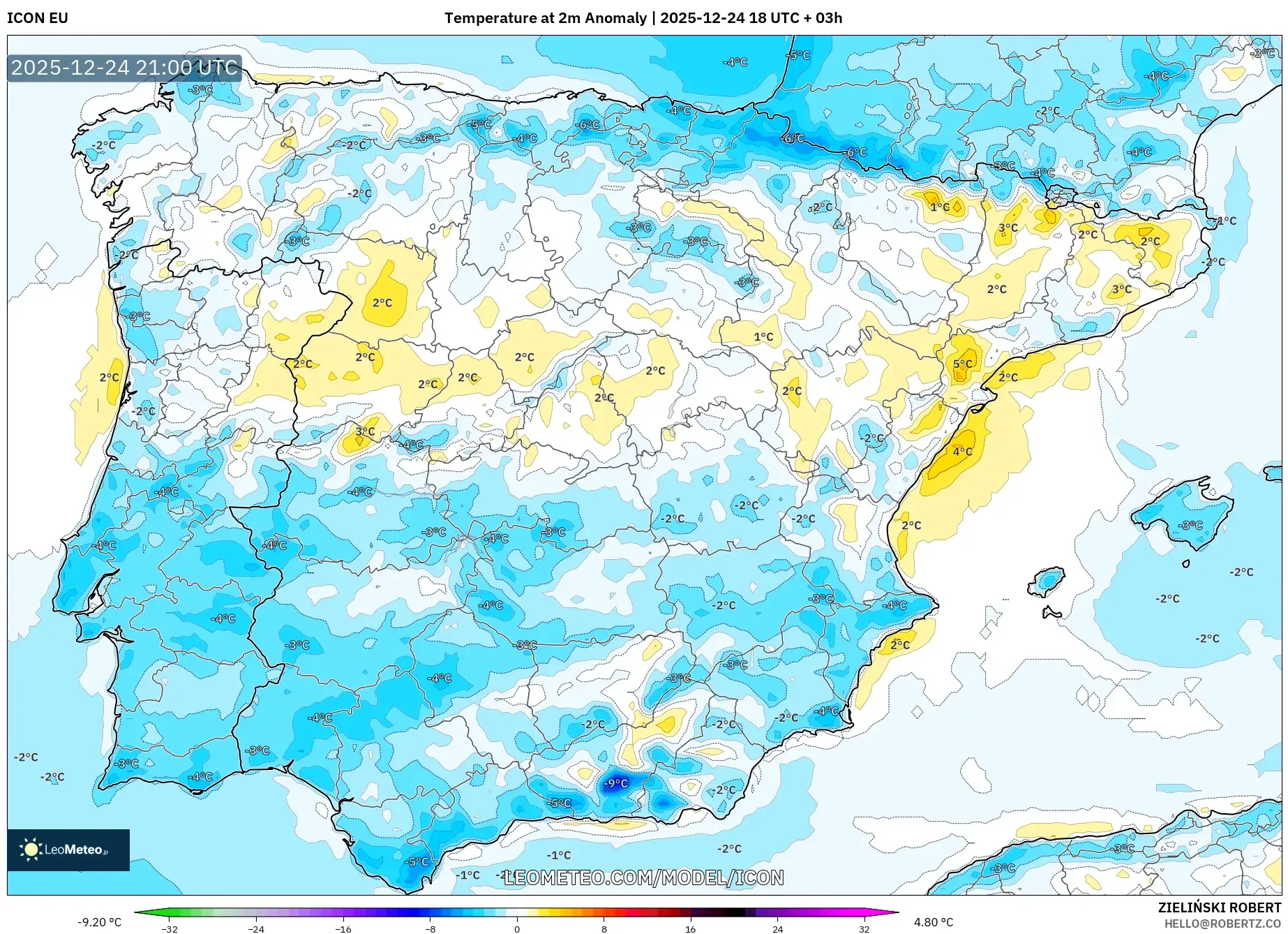 ICON model - Spain, Temperature at 2m Anomaly