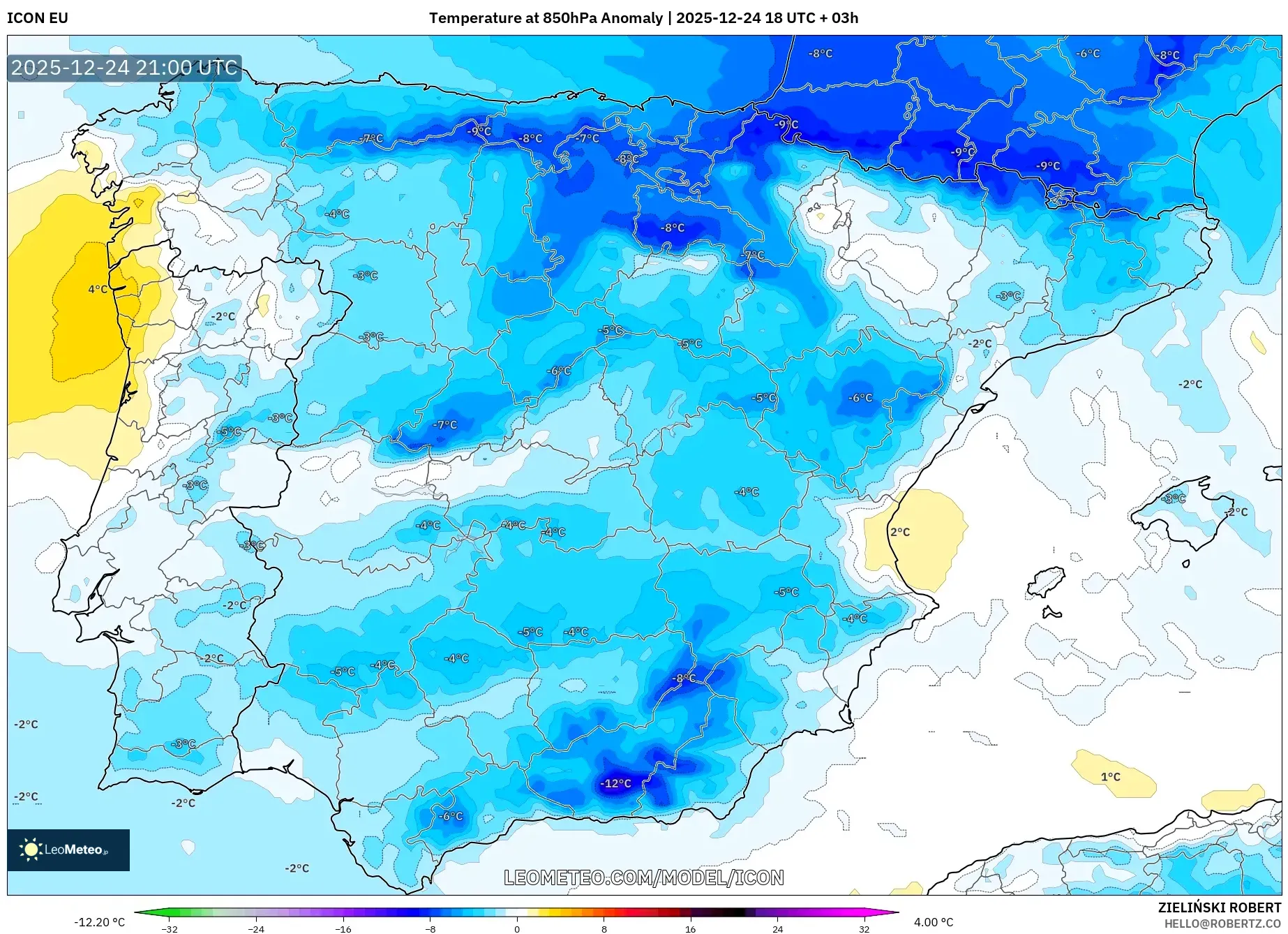 ICON model - Spain, Temperature at 850hPa Anomaly