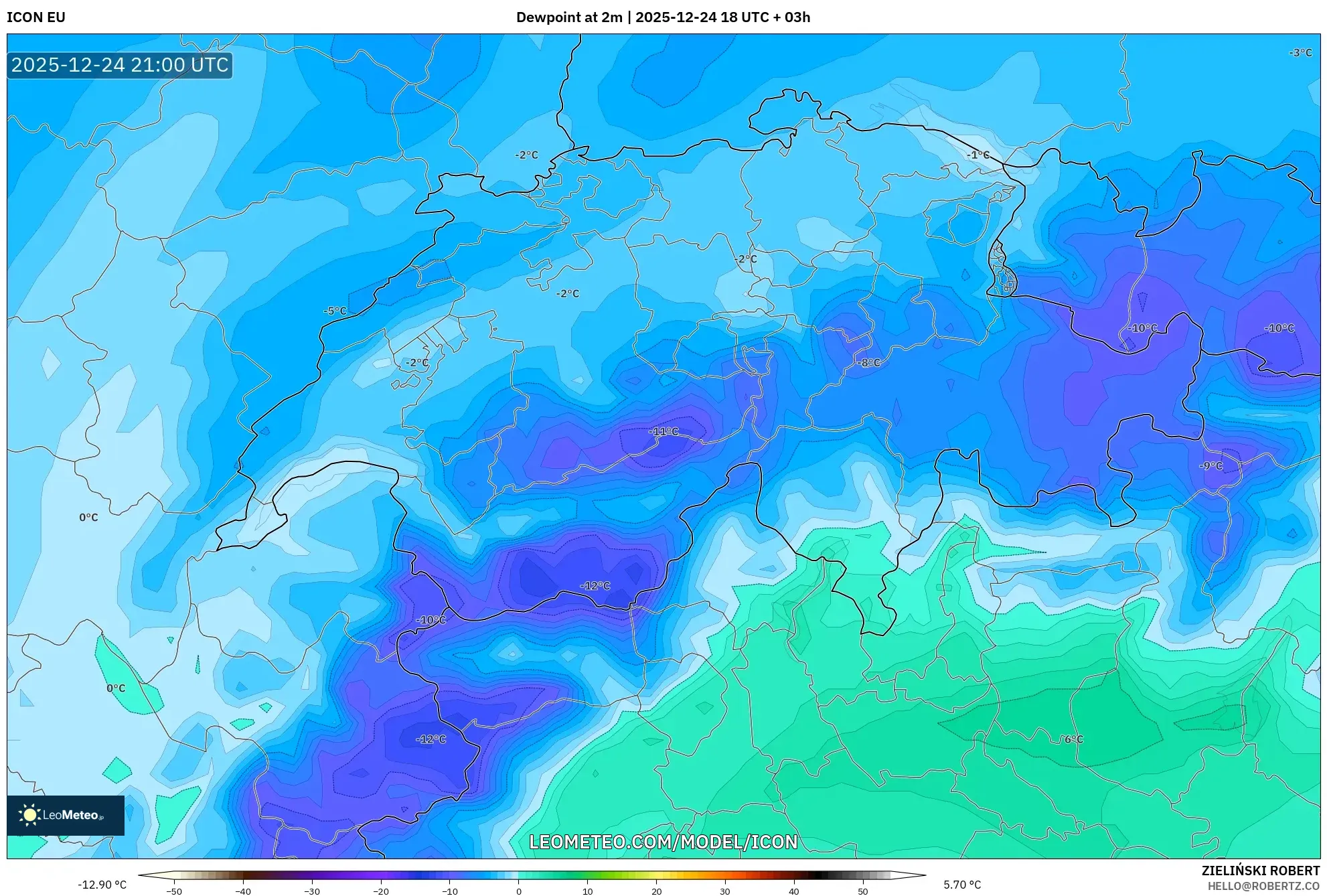 ICON model - Switzerland, Dewpoint at 2m