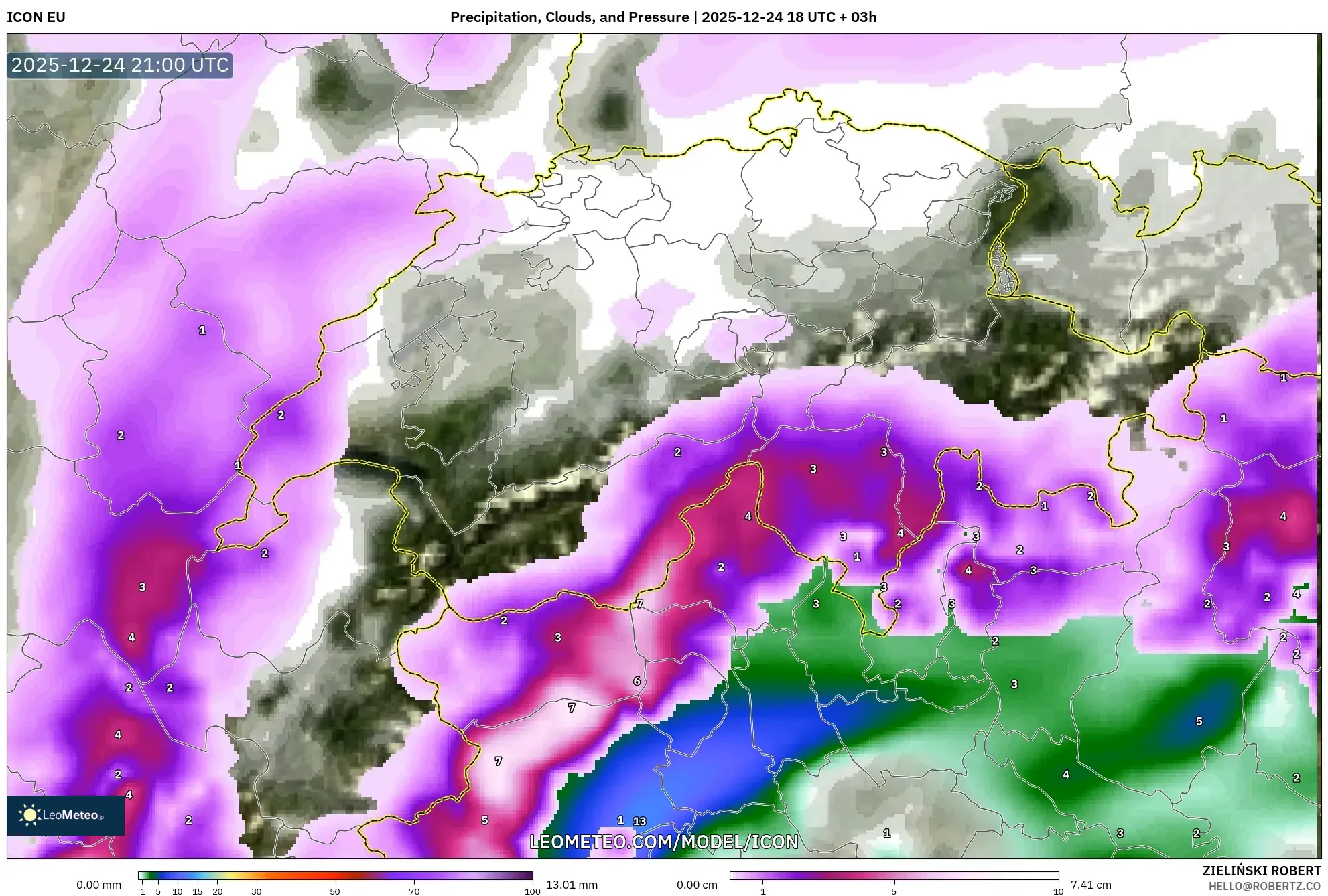 ICON model - Switzerland, Precipitation, Clouds, and Pressure