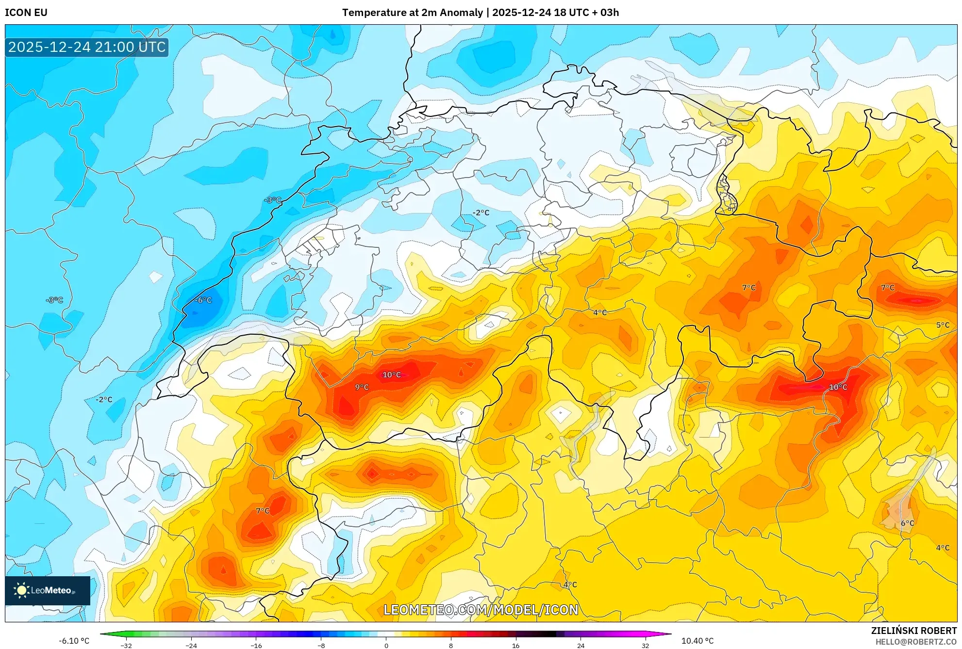 ICON model - Switzerland, Temperature at 2m Anomaly