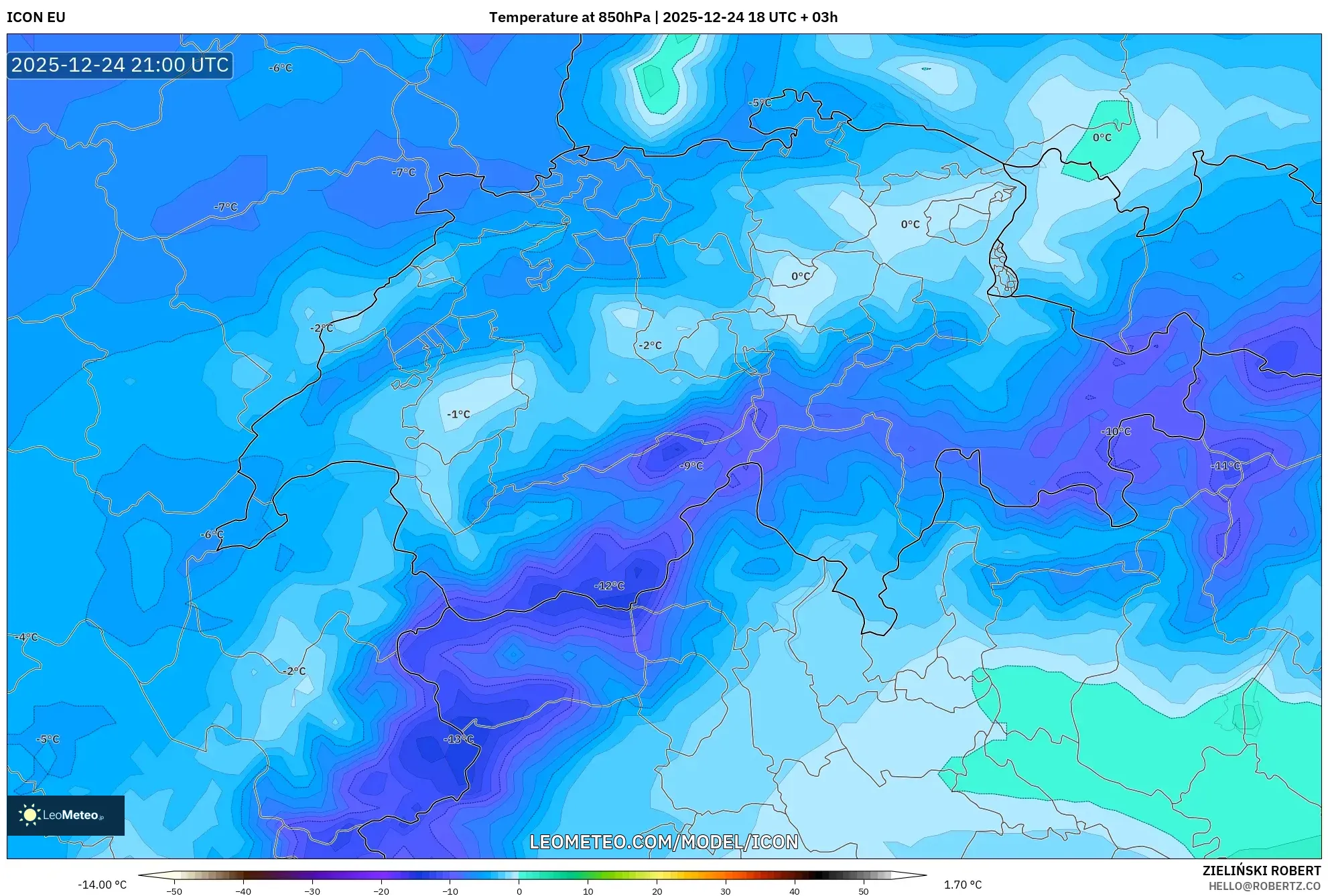 ICON model - Switzerland, Temperature at 850hPa