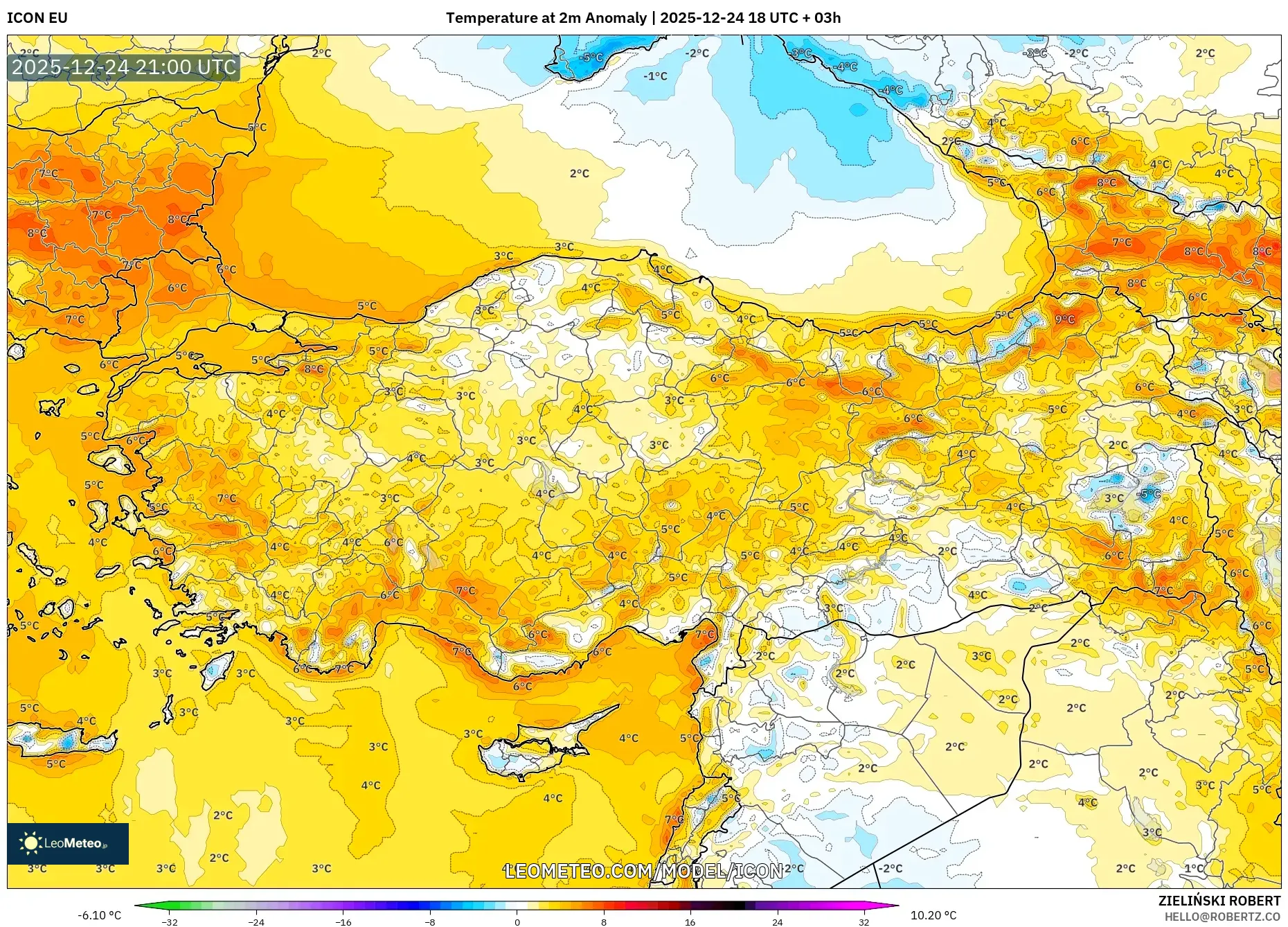 ICON model - Turkey, Temperature at 2m Anomaly