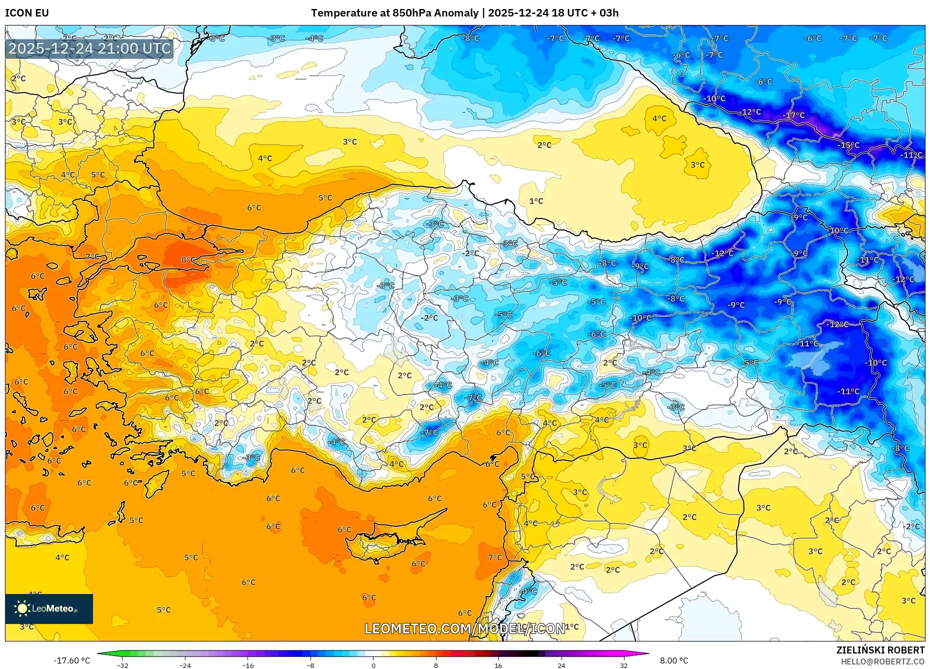 ICON model - Turkey, Temperature at 850hPa Anomaly