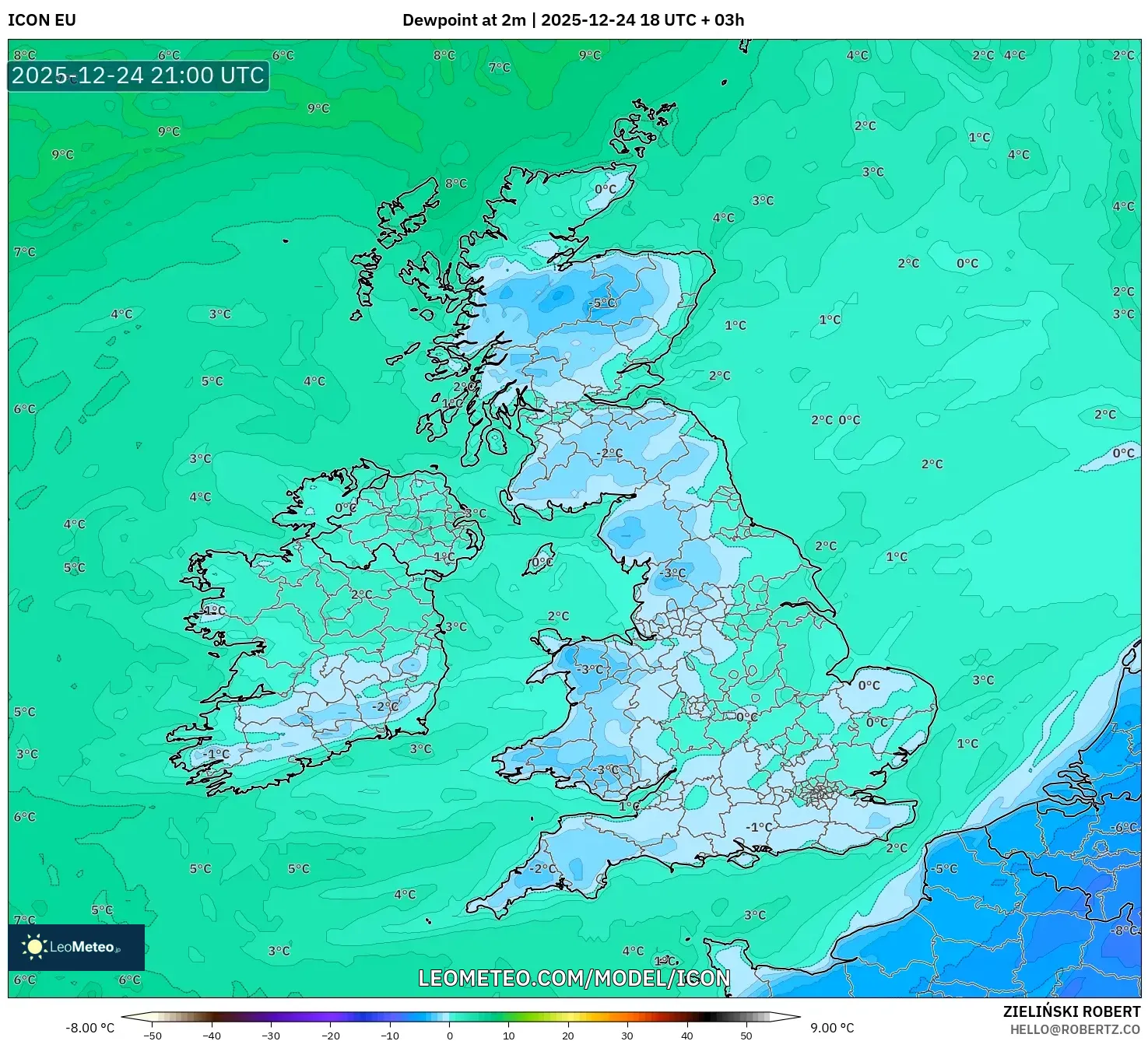 ICON model - United Kingdom, Dewpoint at 2m