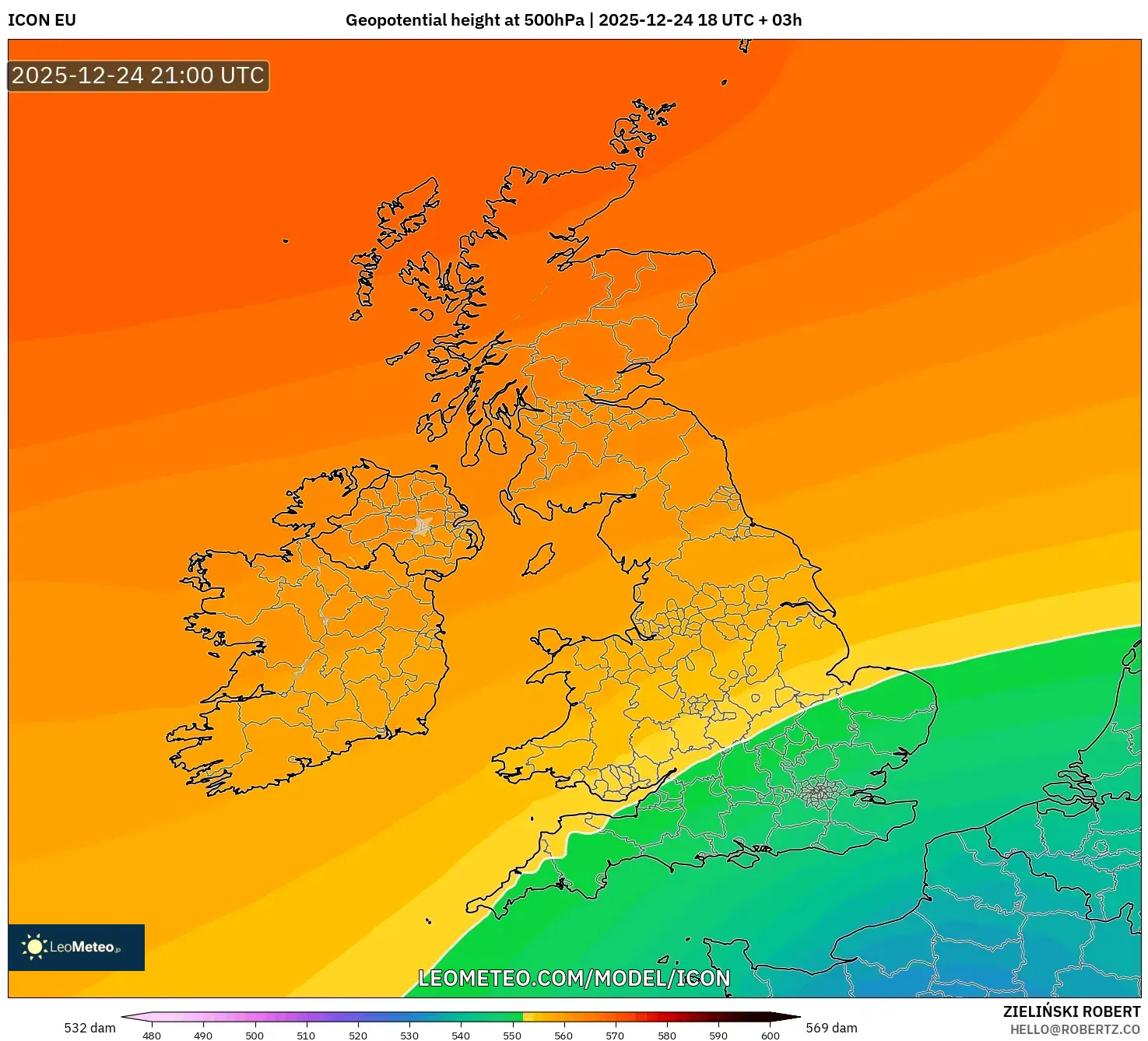 ICON model - United Kingdom, Geopotential height at 500hPa