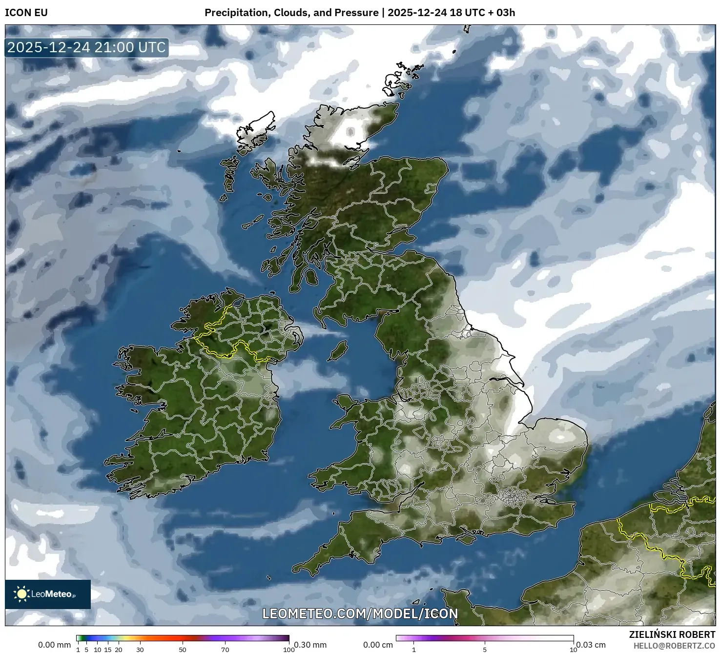 ICON model - United Kingdom, Precipitation, Clouds, and Pressure