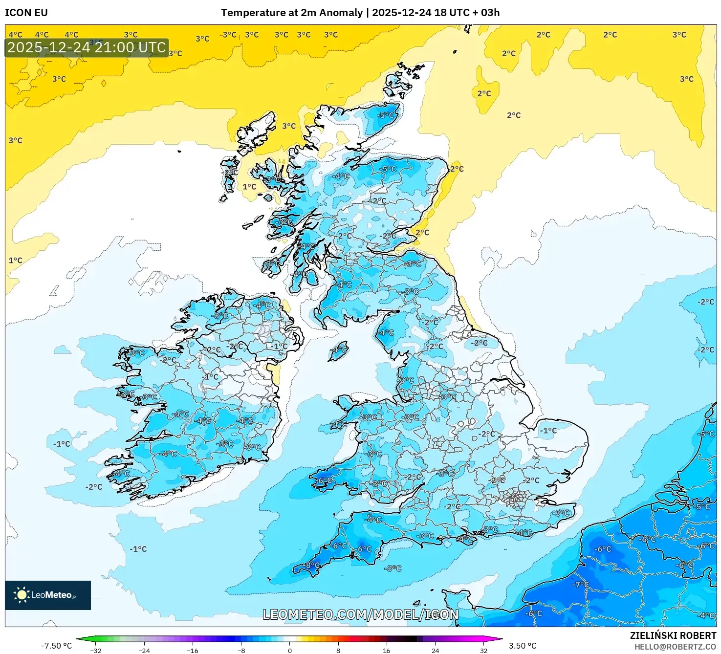 ICON model - United Kingdom, Temperature at 2m Anomaly