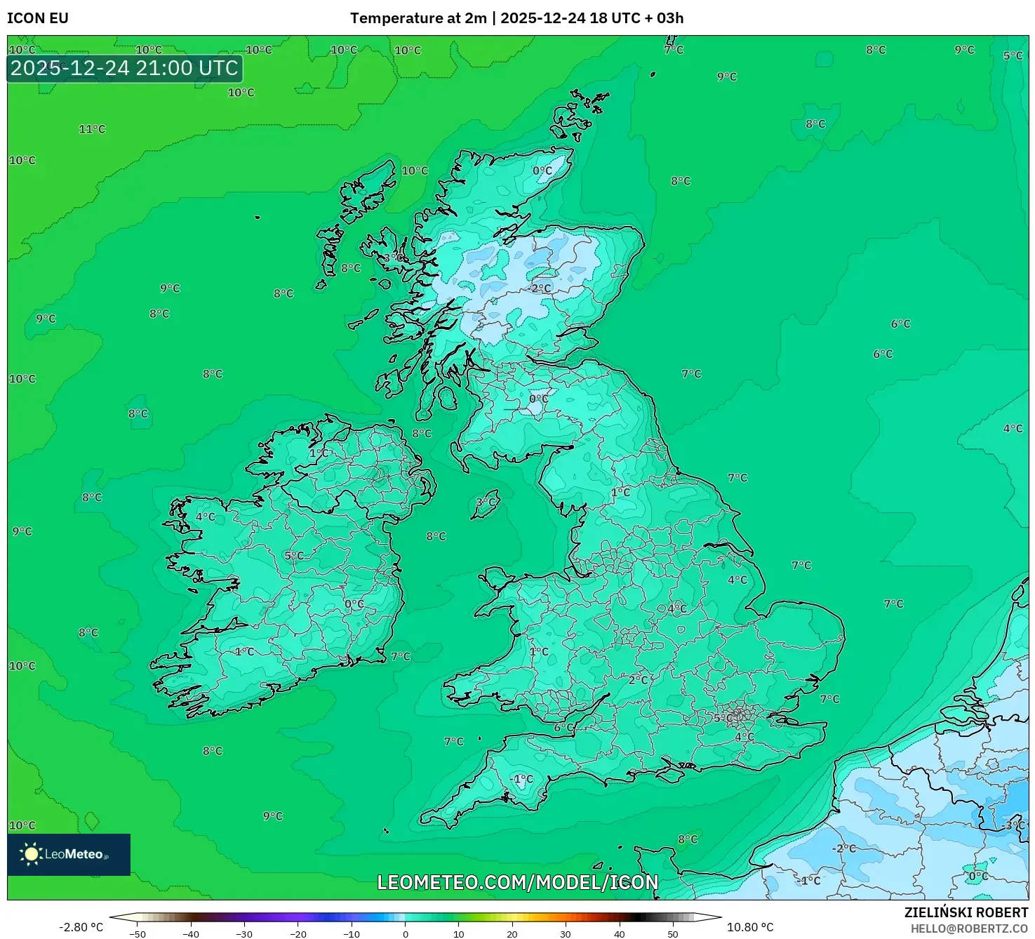 ICON model - United Kingdom, Temperature at 2m
