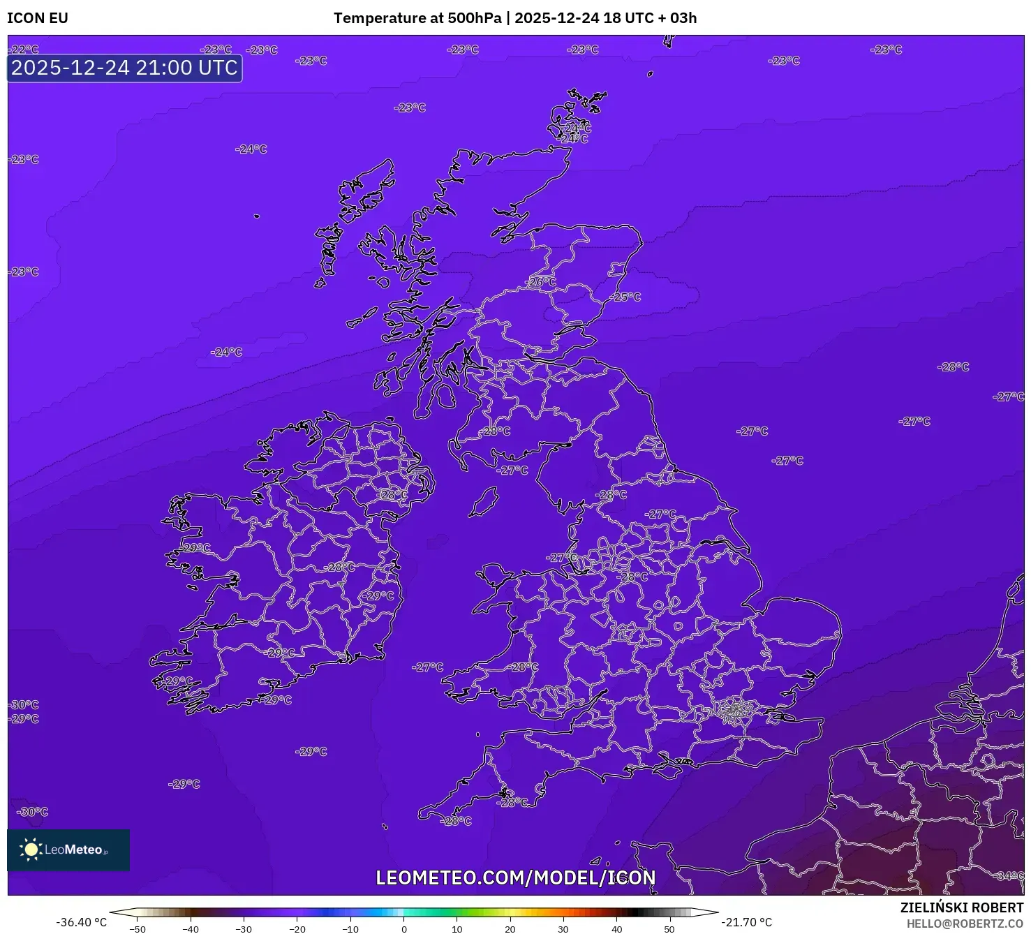 ICON model - United Kingdom, Temperature at 500hPa