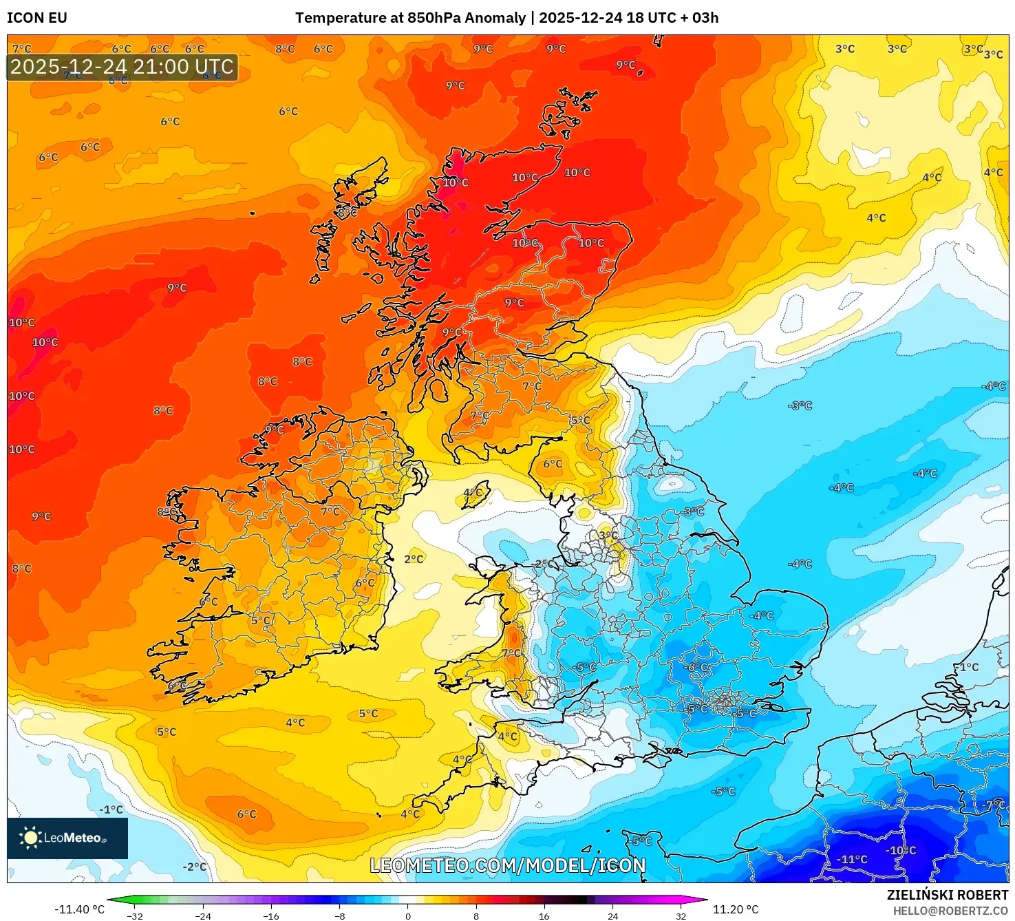 ICON model - United Kingdom, Temperature at 850hPa Anomaly