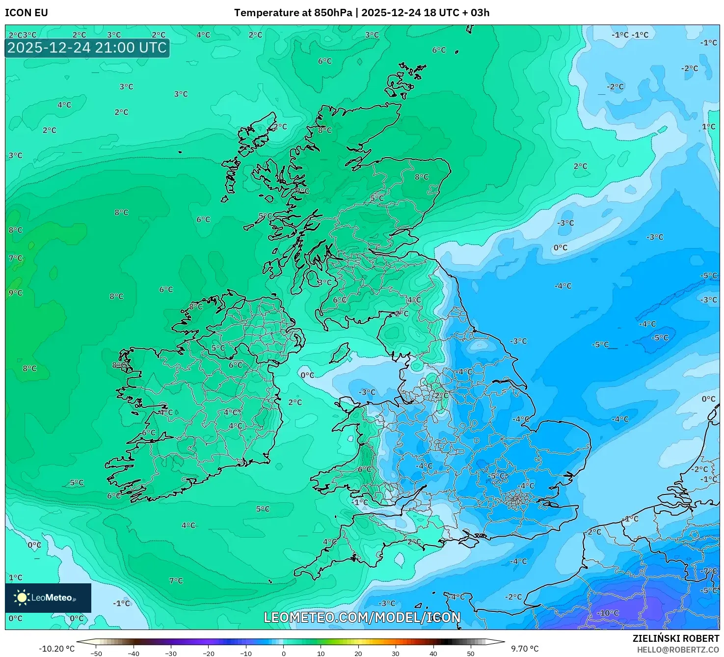 ICON model - United Kingdom, Temperature at 850hPa