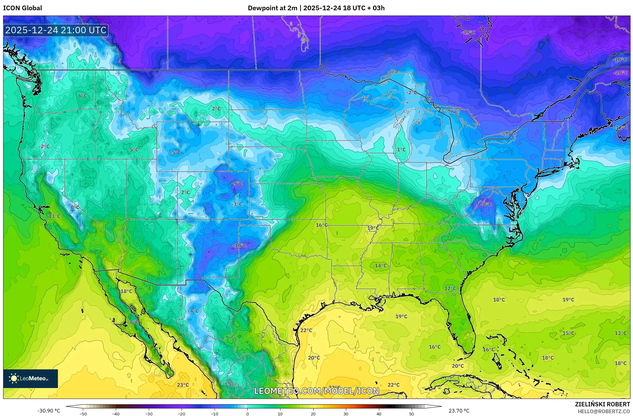 ICON model - United States, Dewpoint at 2m