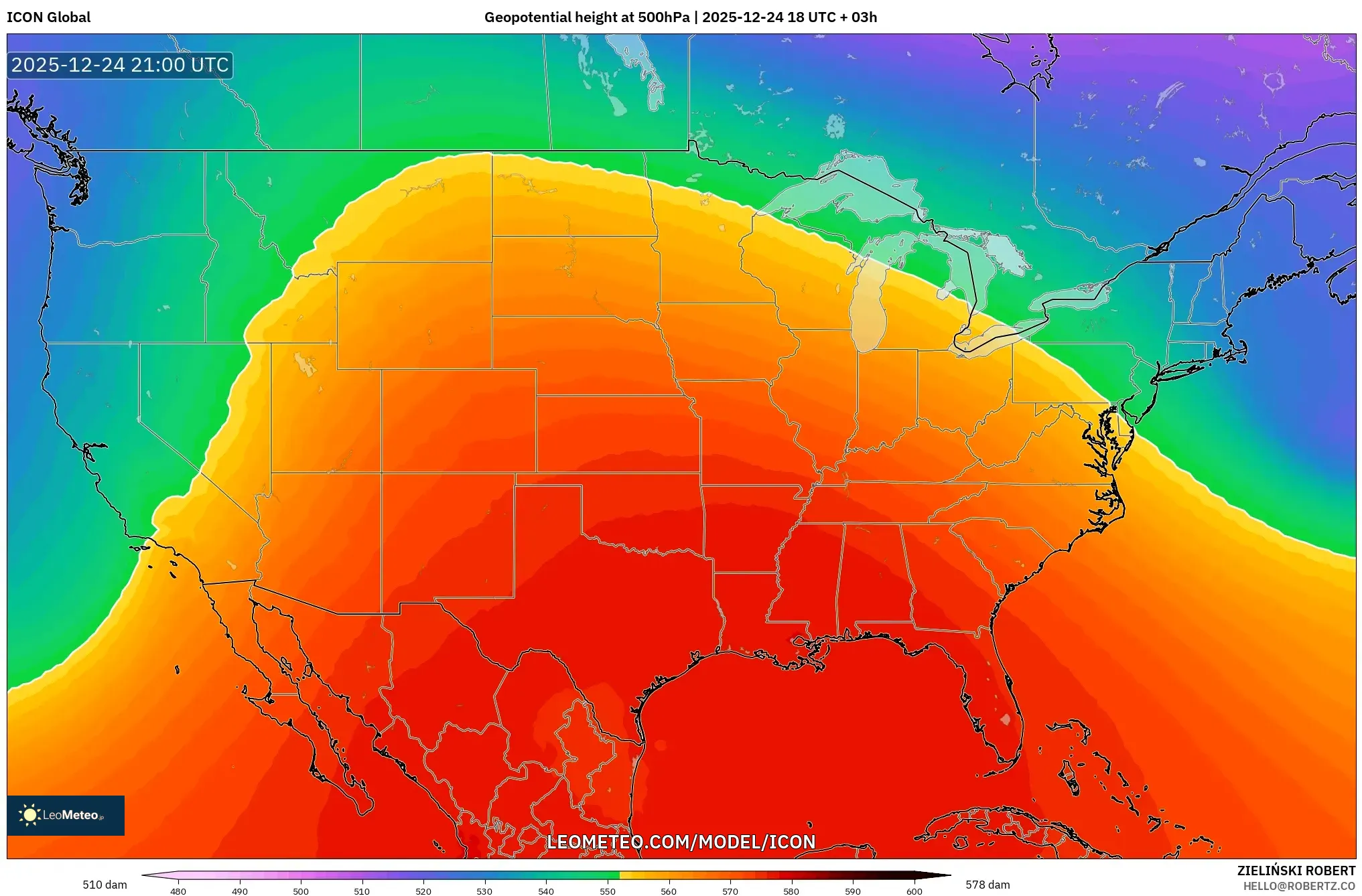 ICON model - United States, Geopotential height at 500hPa