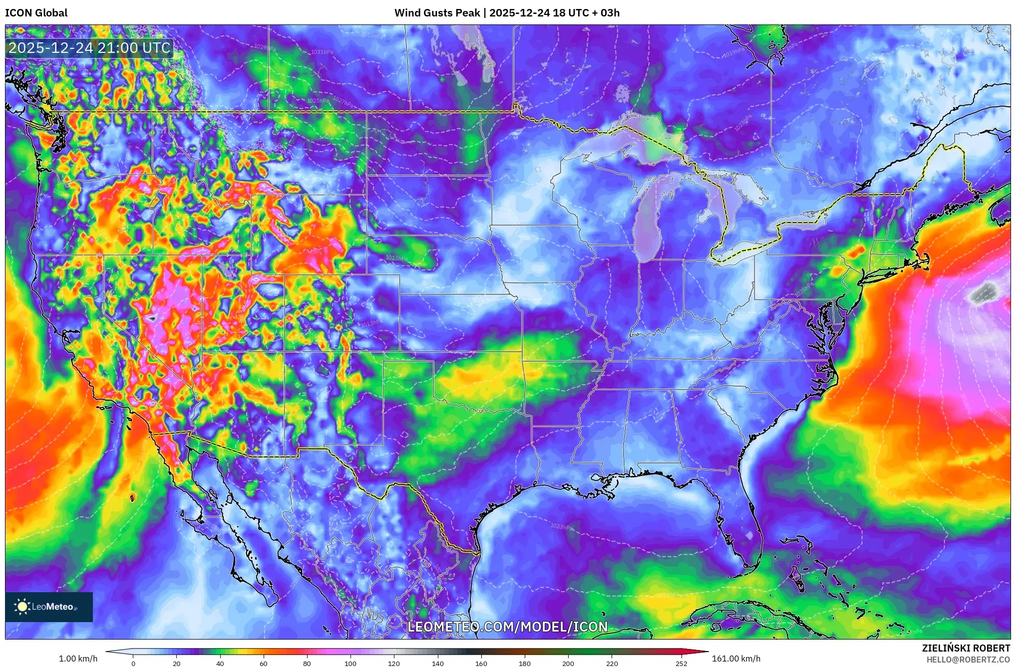 ICON model - United States, Wind Gusts Peak