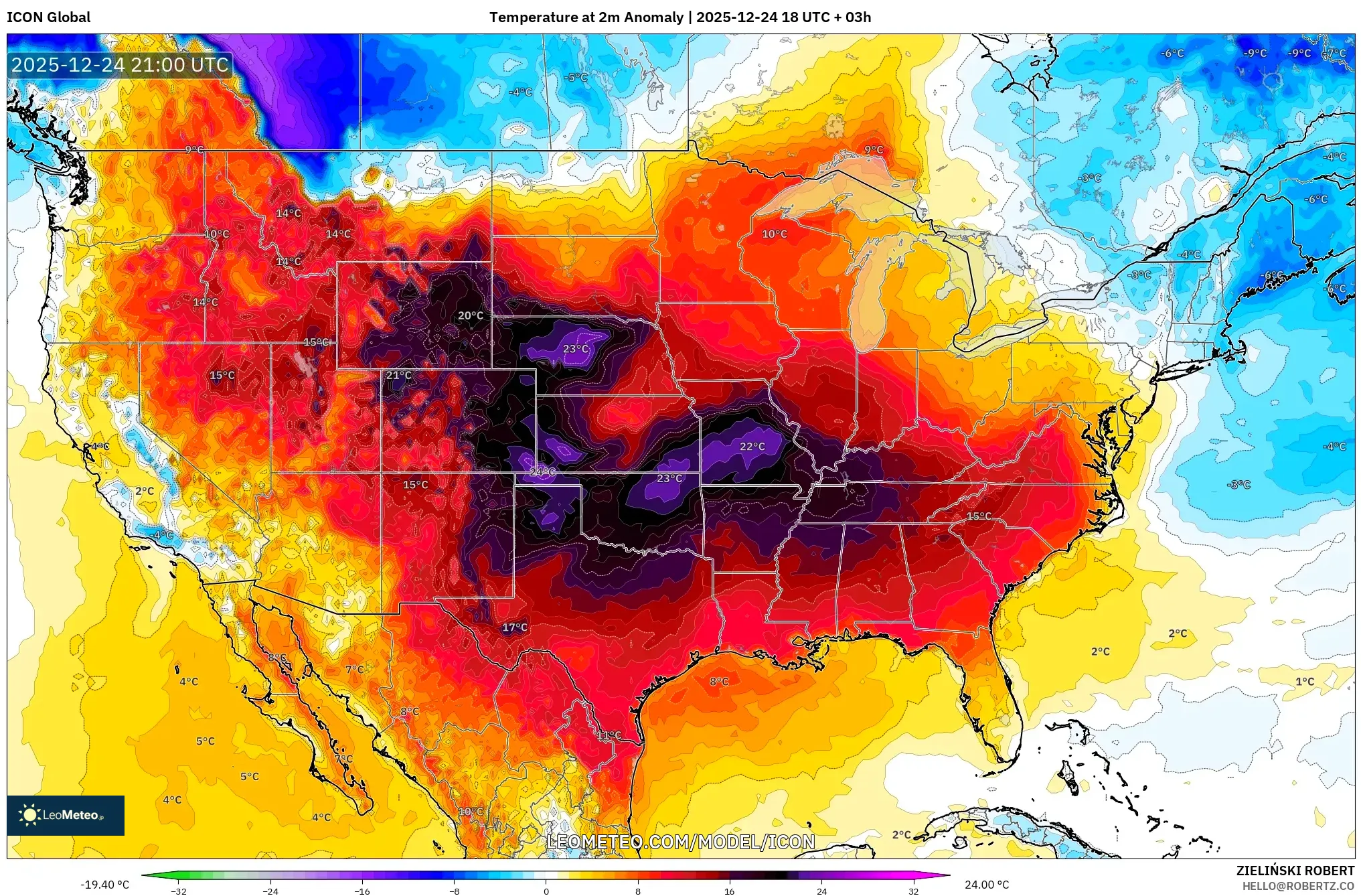 ICON model - United States, Temperature at 2m Anomaly