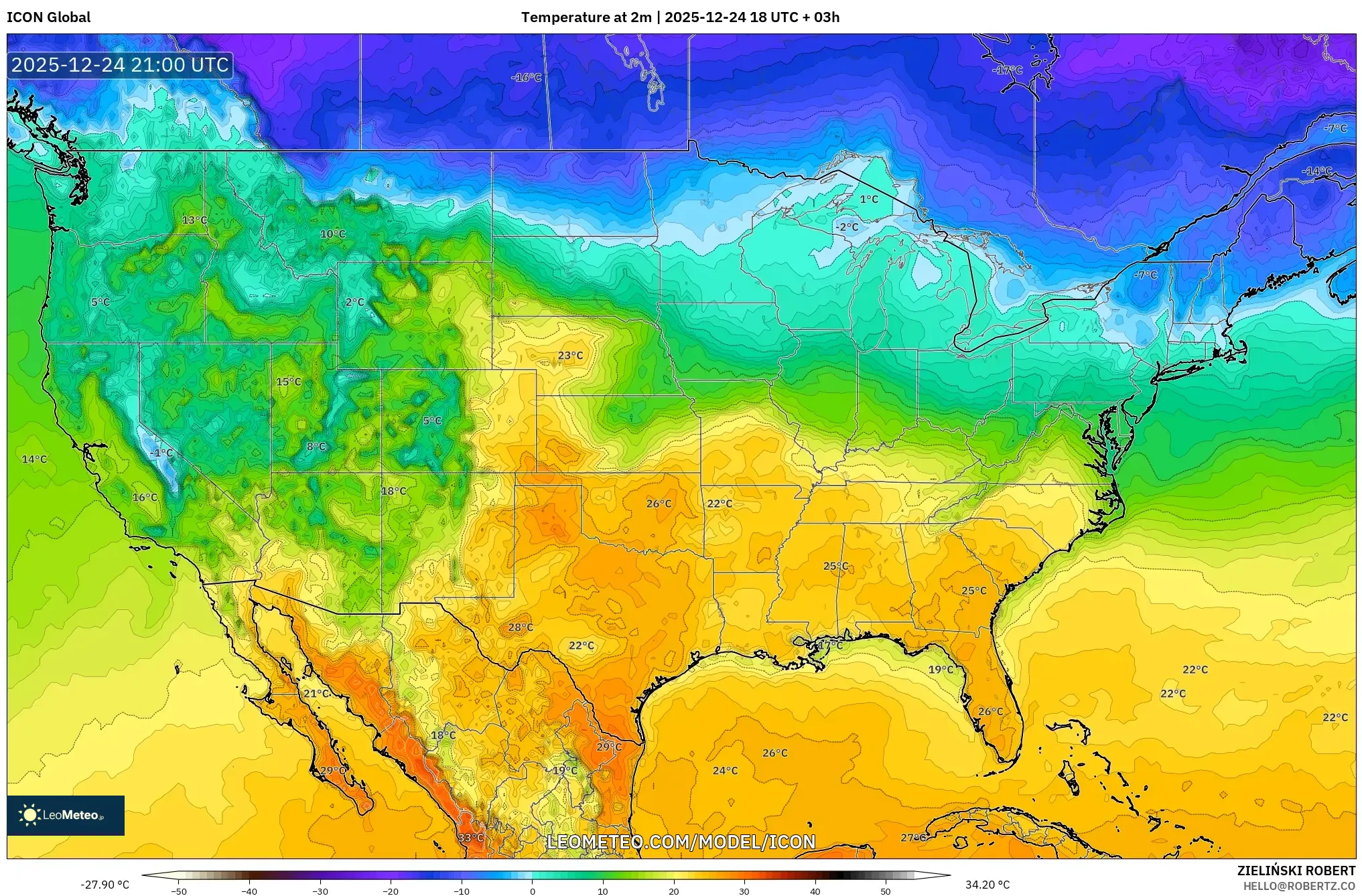 ICON model - United States, Temperature at 2m