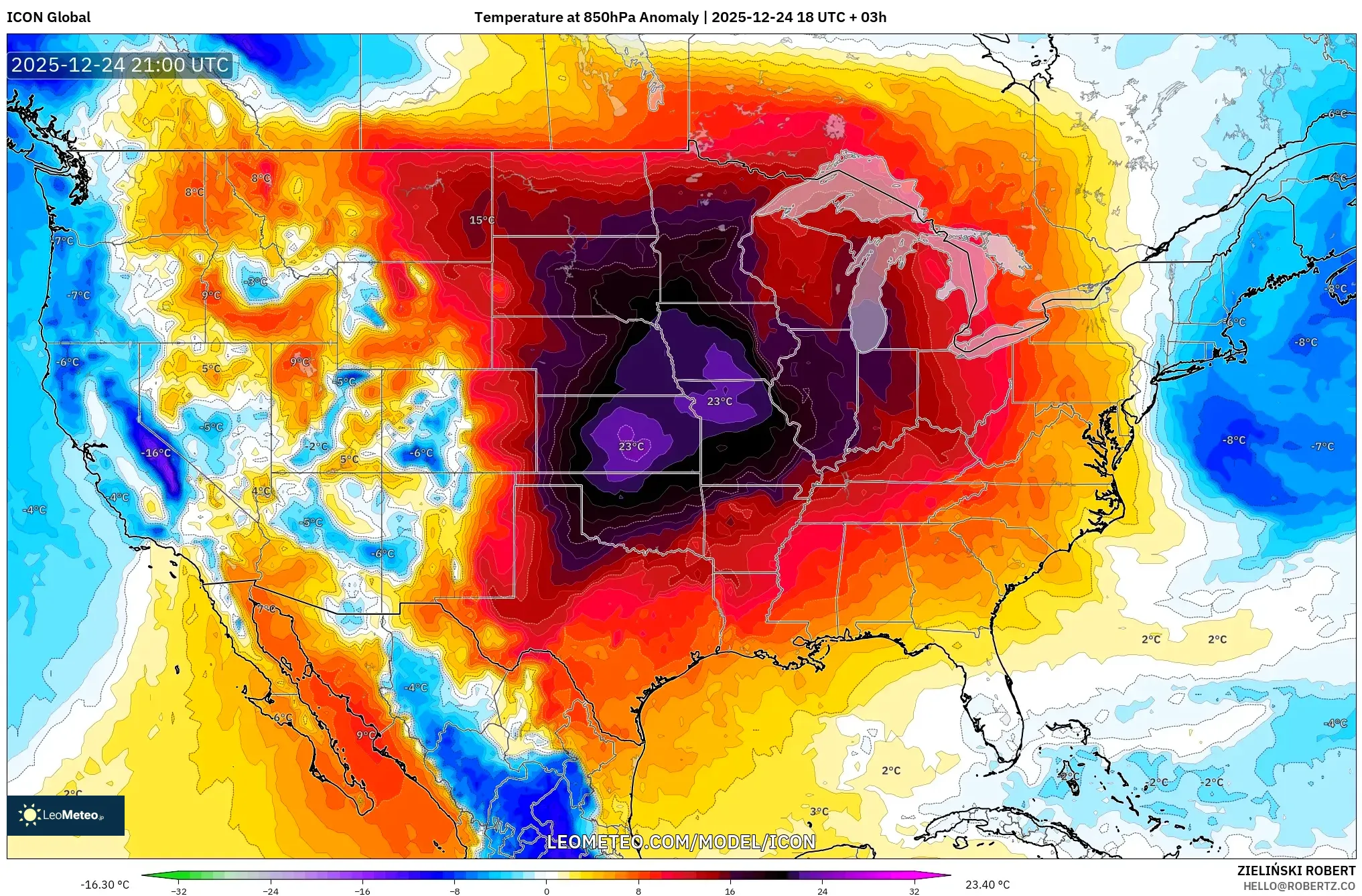 ICON model - United States, Temperature at 850hPa Anomaly