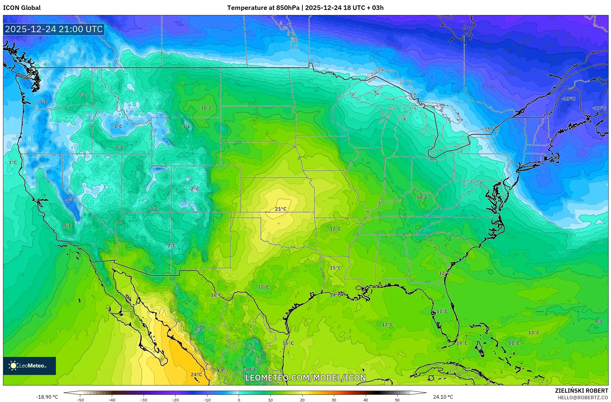 ICON model - United States, Temperature at 850hPa