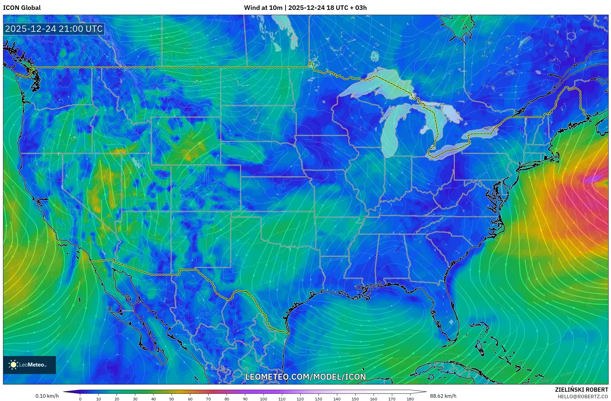 ICON model - United States, Wind at 10m