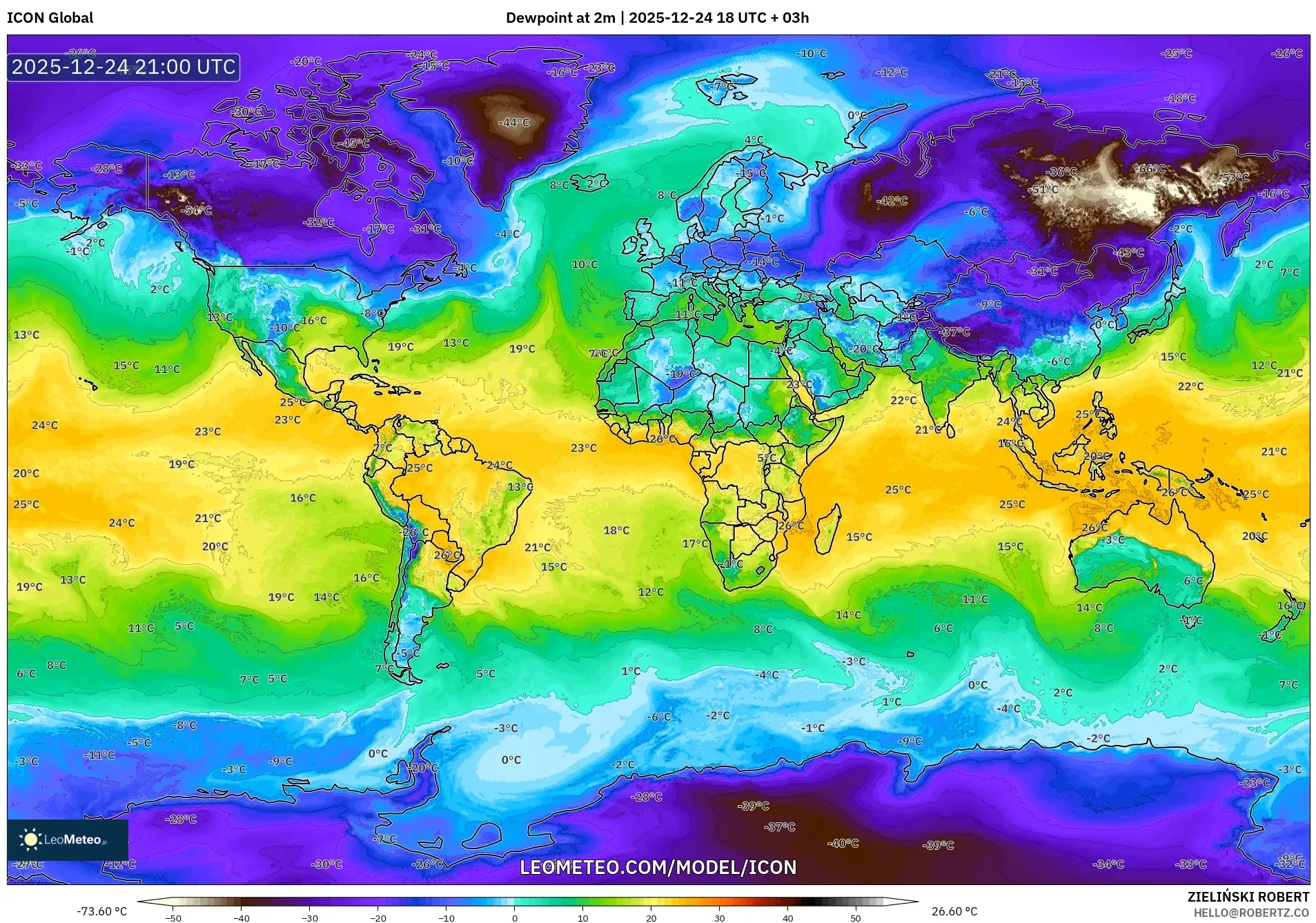 ICON model - World, Dewpoint at 2m