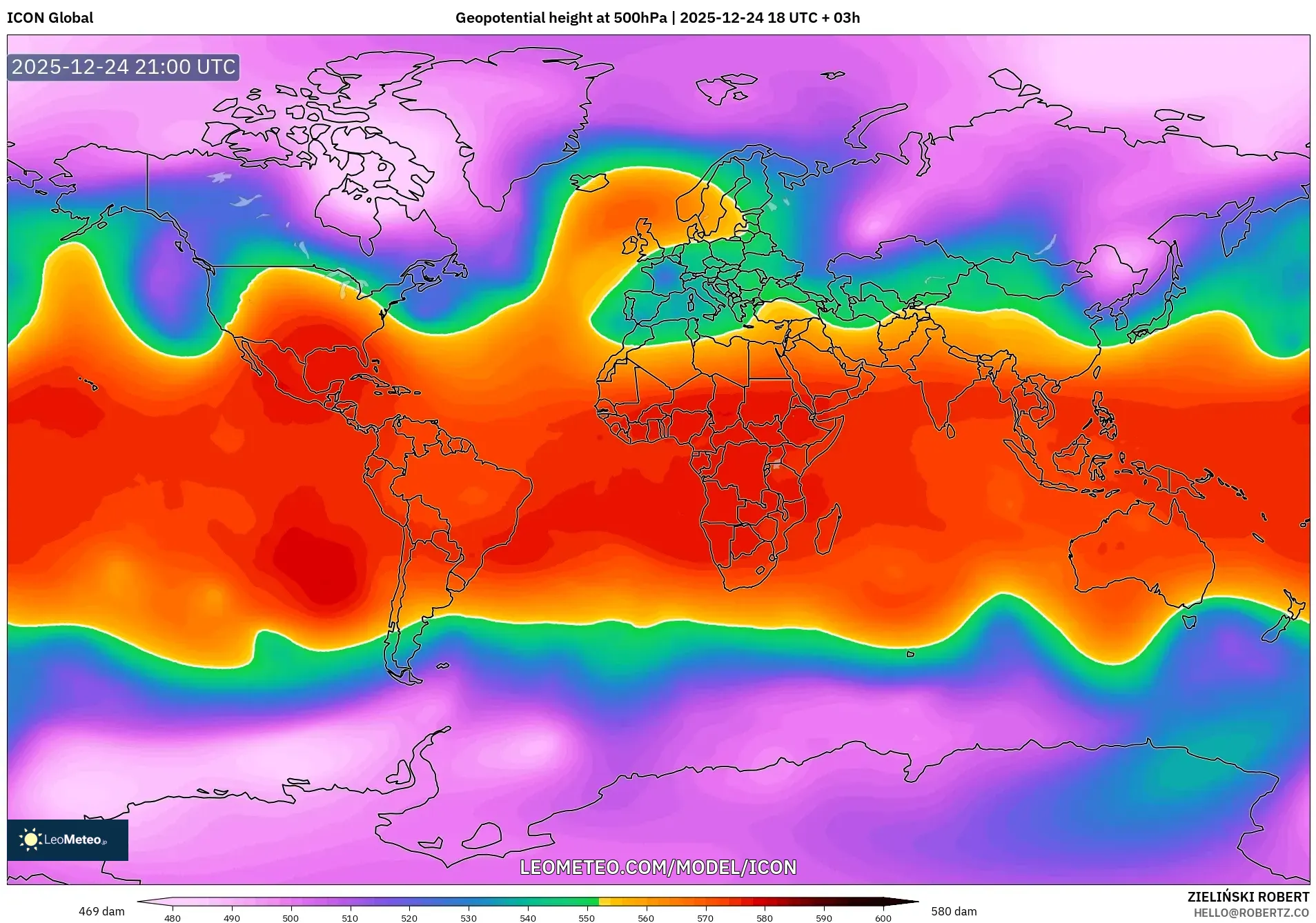 ICON model - World, Geopotential height at 500hPa