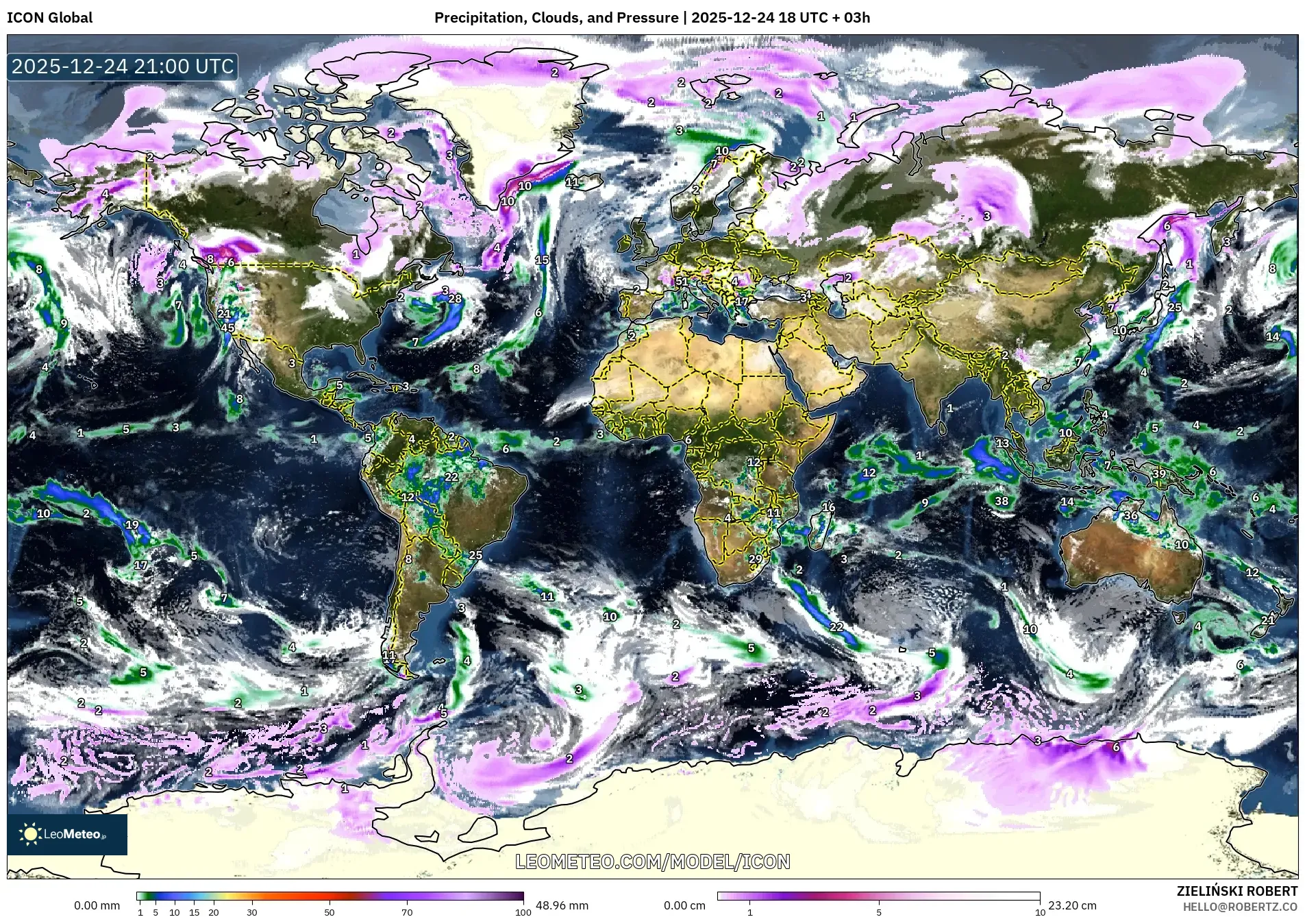 ICON model - World, Precipitation, Clouds, and Pressure