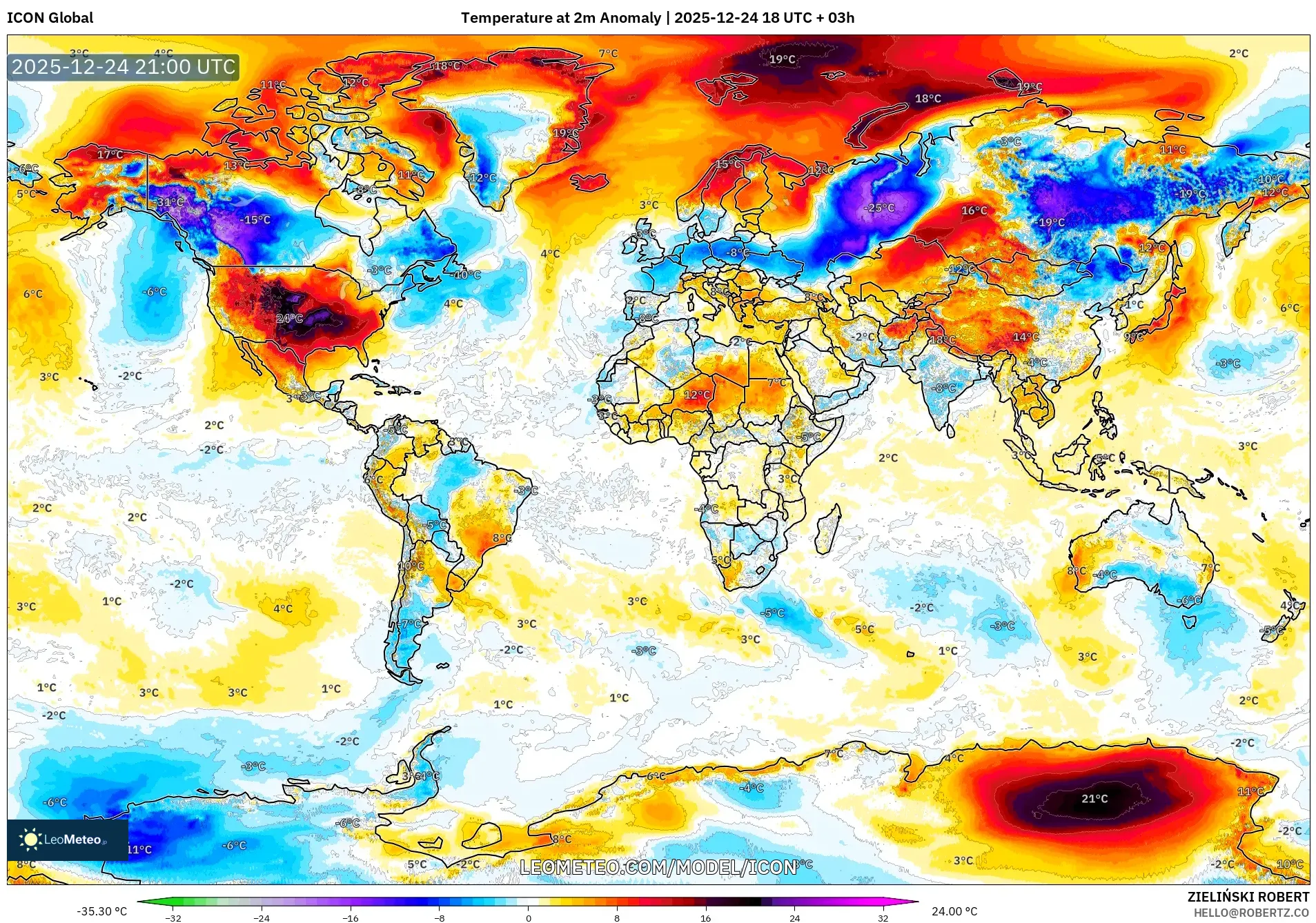 ICON model - World, Temperature at 2m Anomaly