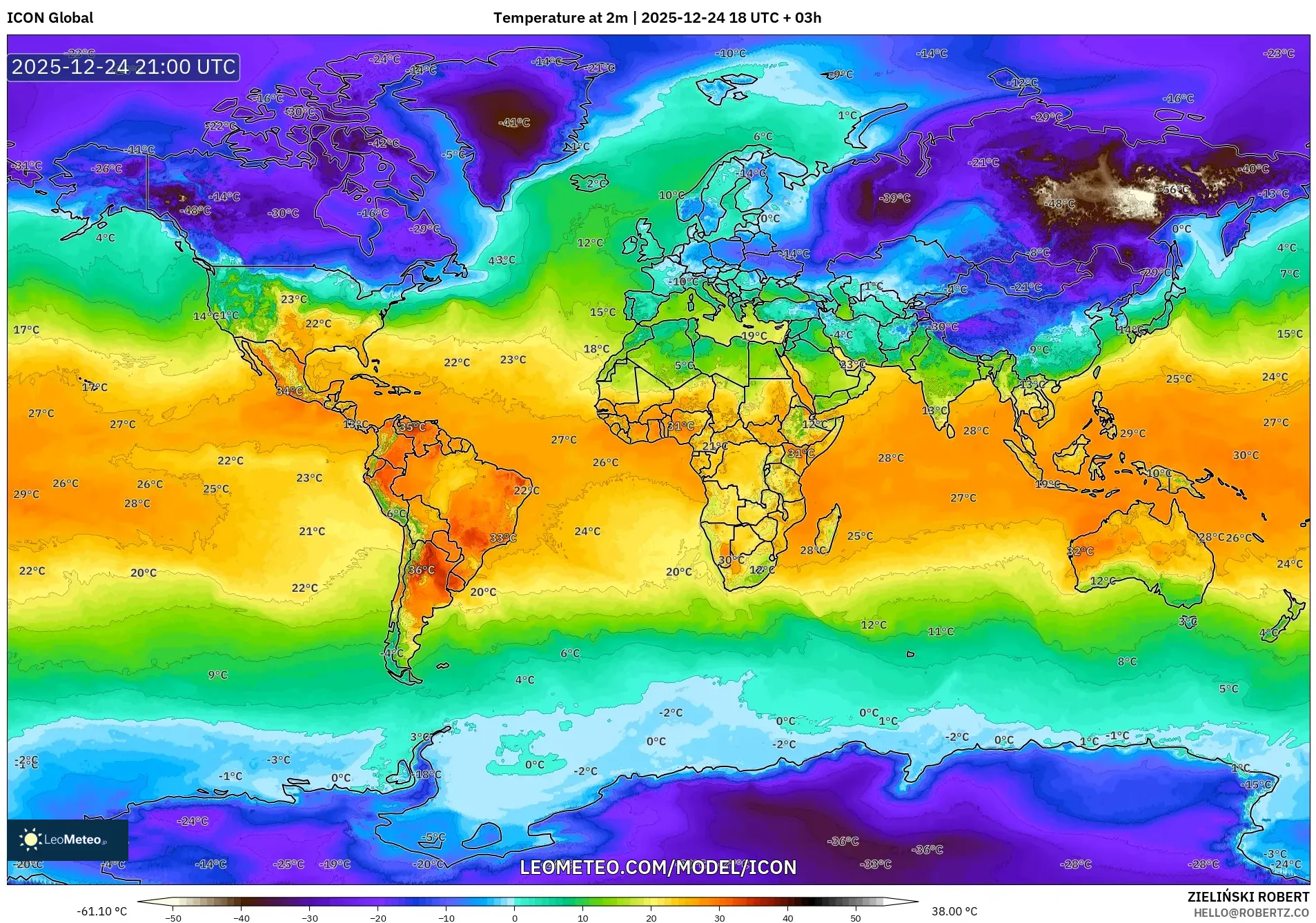 ICON model - World, Temperature at 2m