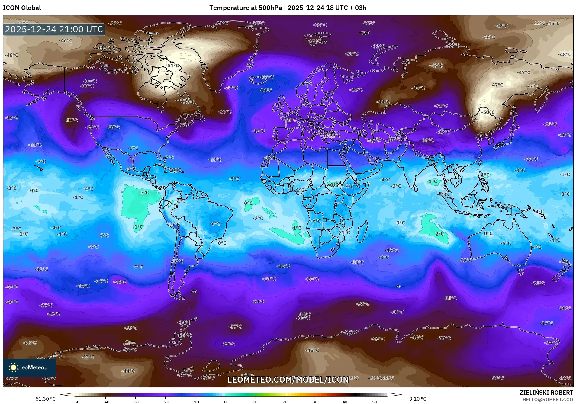 ICON model - World, Temperature at 500hPa