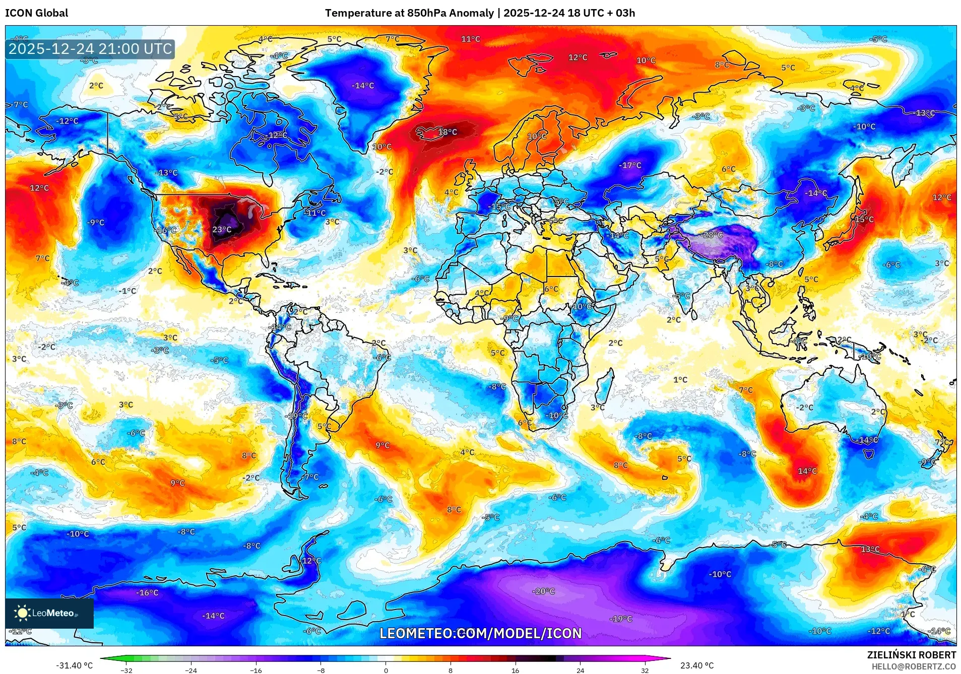 ICON model - World, Temperature at 850hPa Anomaly