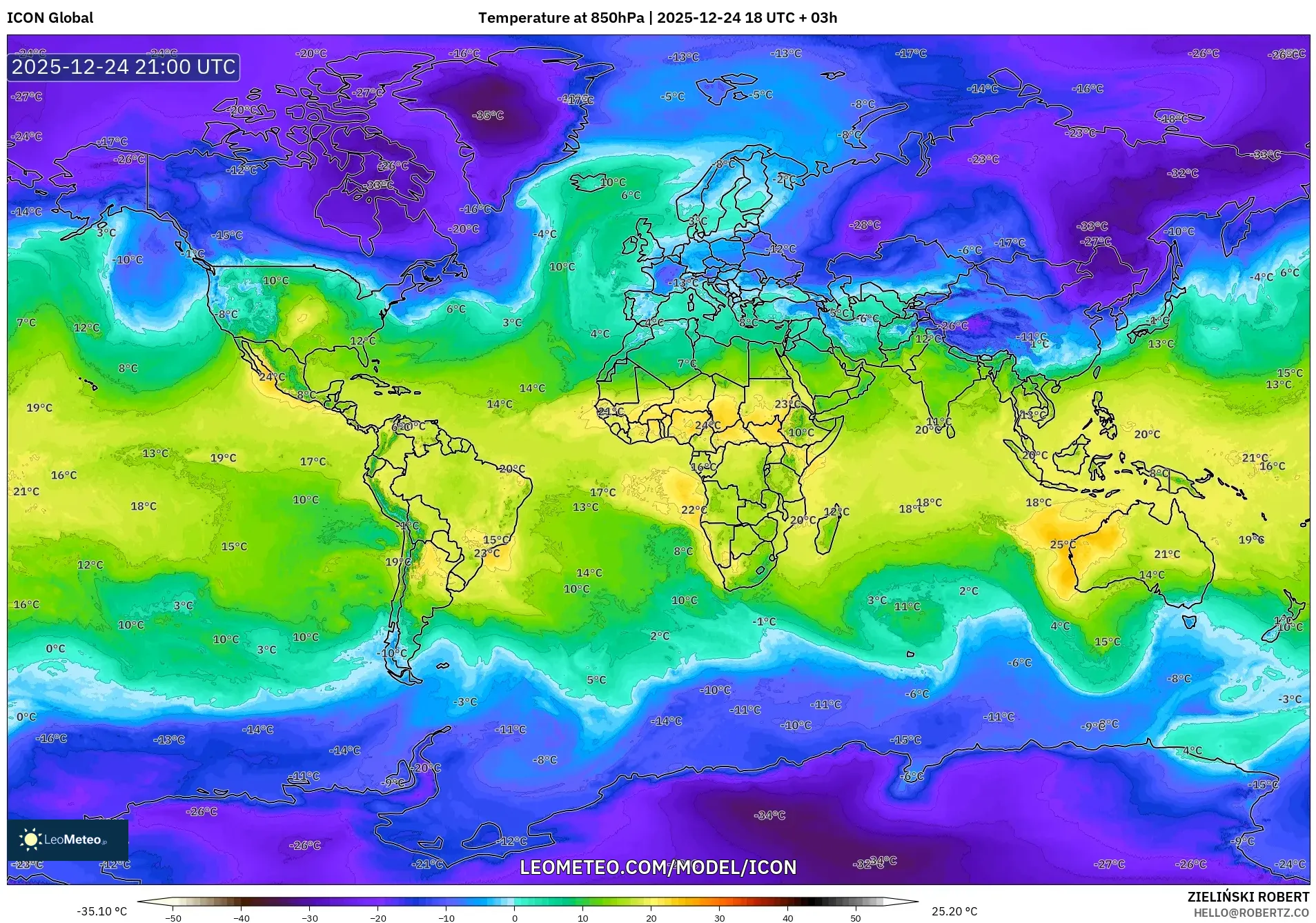 ICON model - World, Temperature at 850hPa