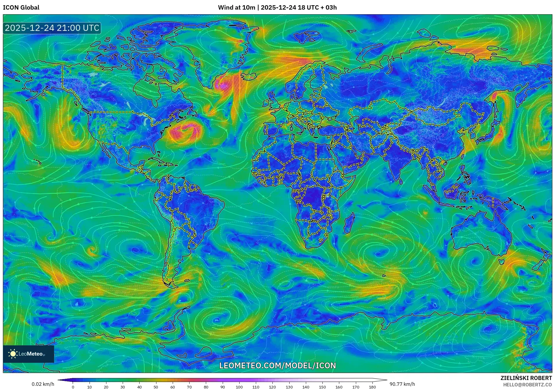 ICON model - World, Wind at 10m