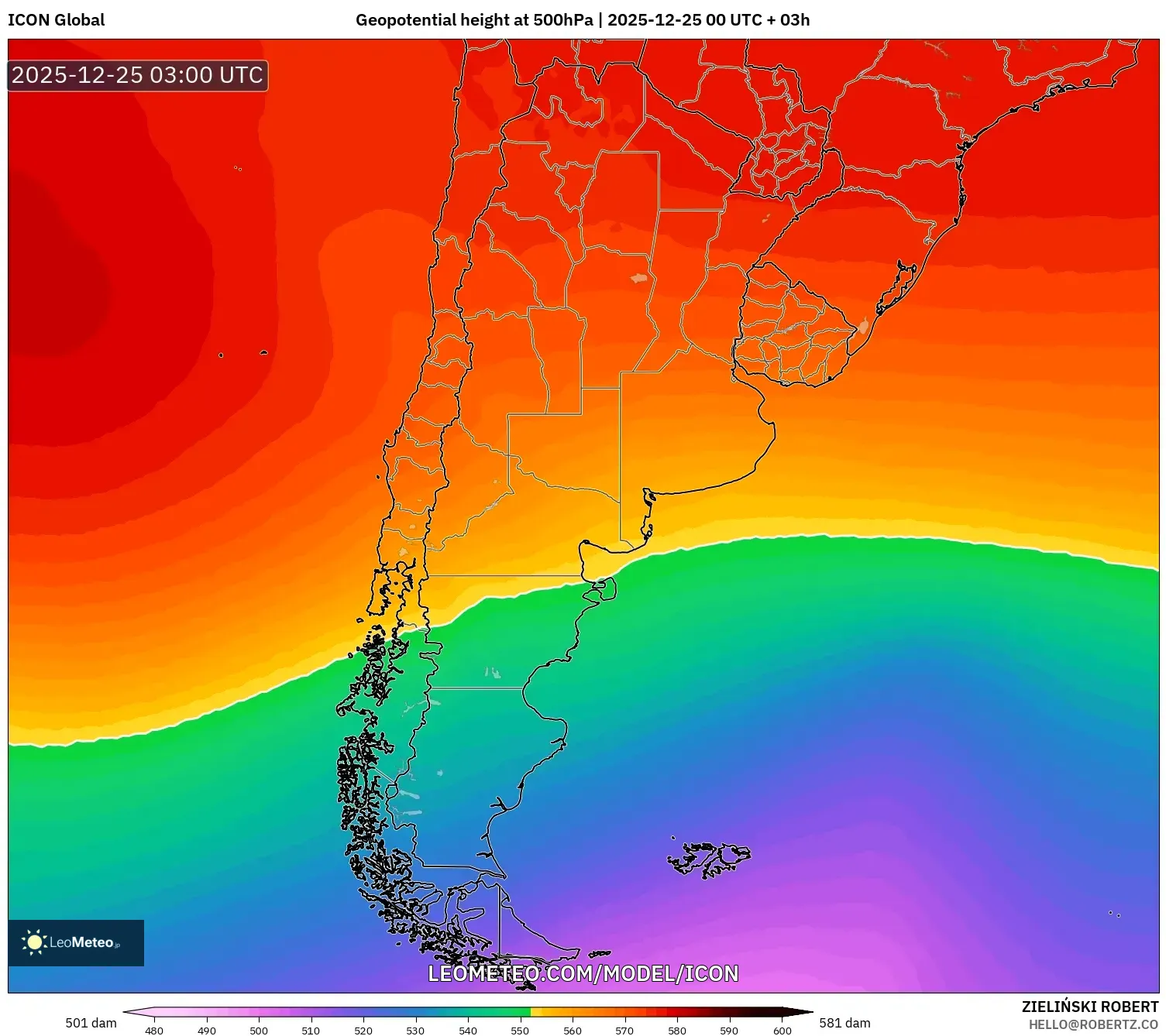 ICON model - Argentina, Geopotential height at 500hPa