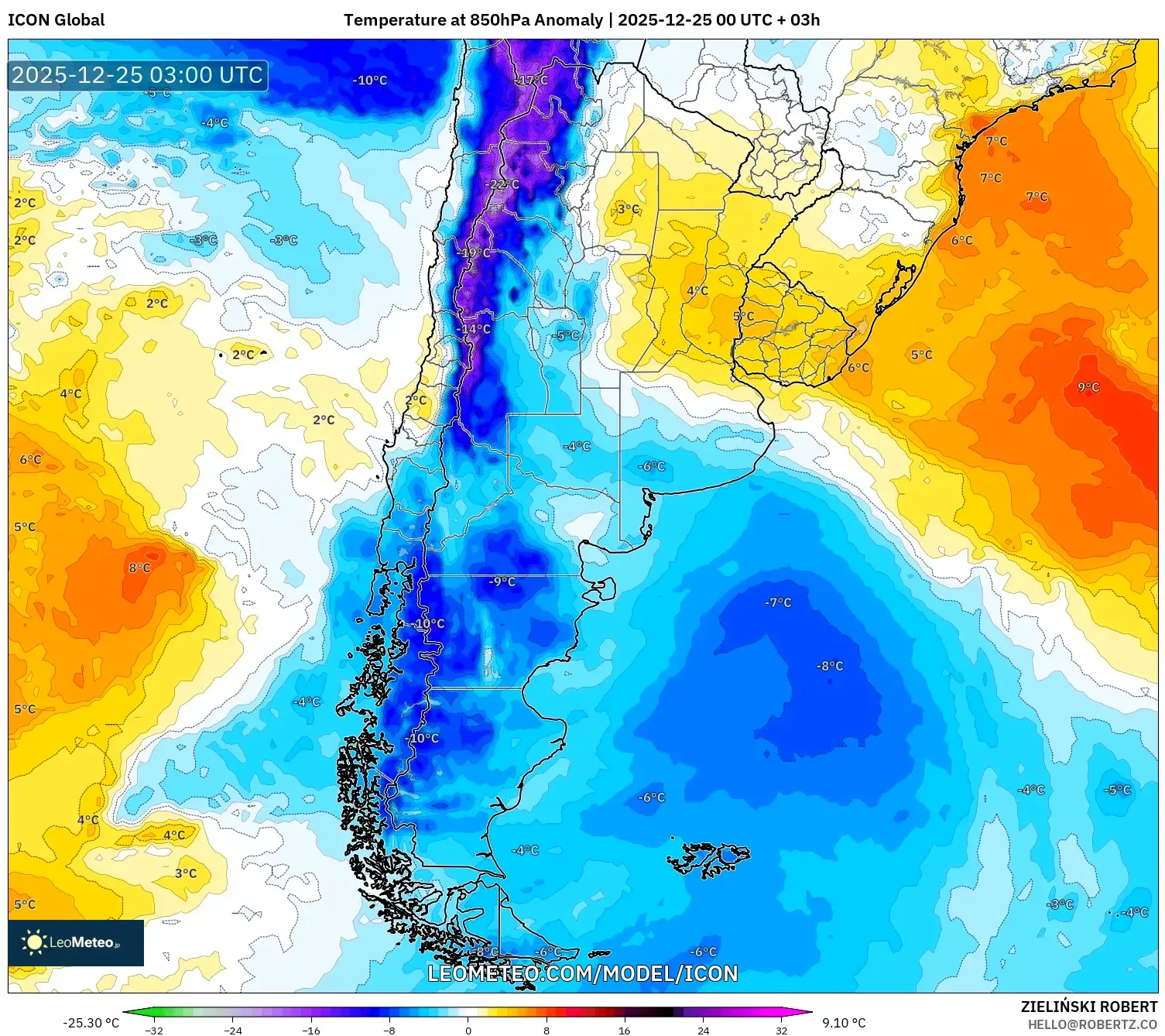 ICON model - Argentina, Temperature at 850hPa Anomaly