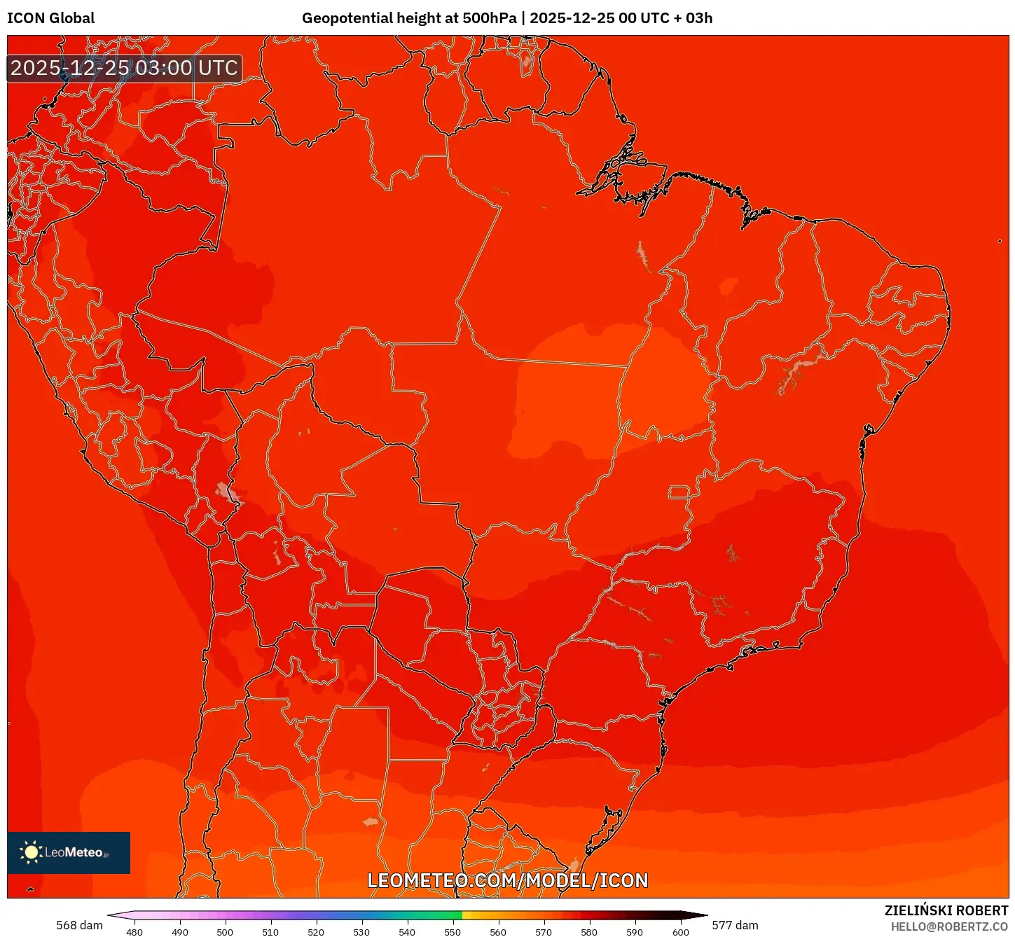 ICON model - Brazil, Geopotential height at 500hPa