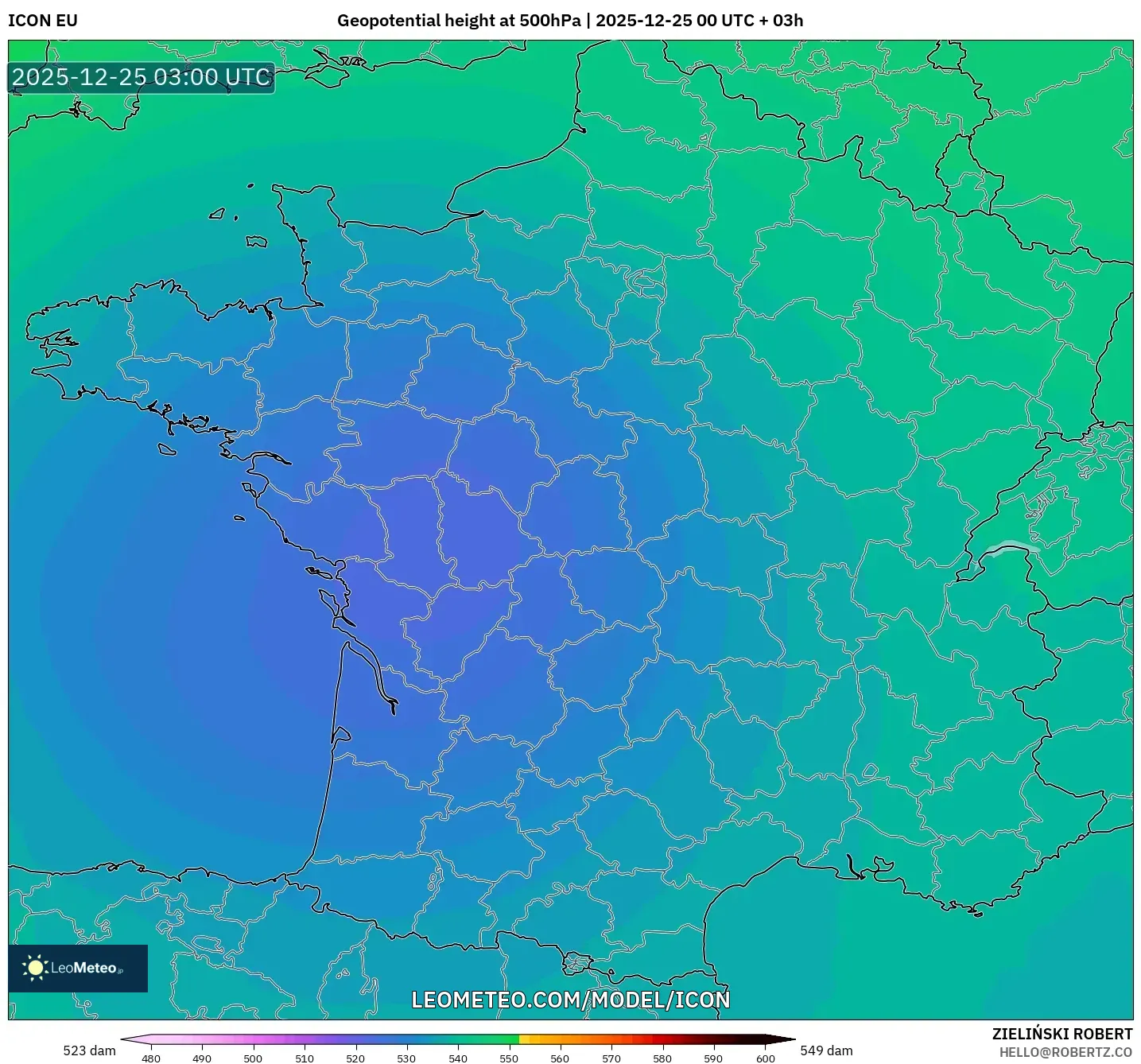 ICON model - France, Geopotential height at 500hPa