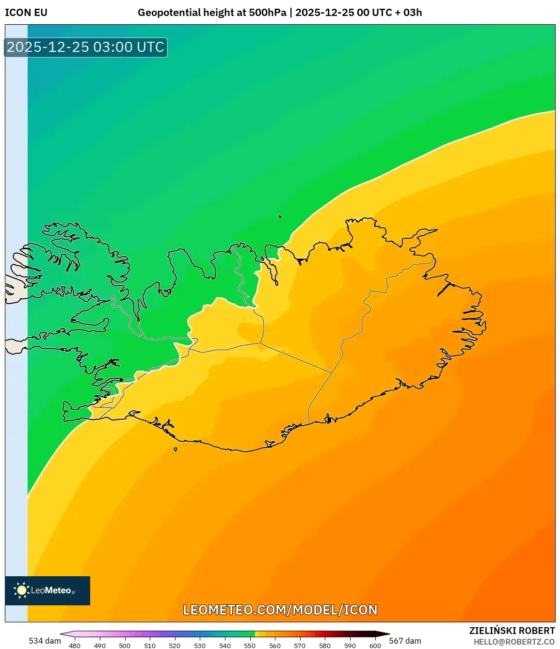 ICON model - Iceland, Geopotential height at 500hPa