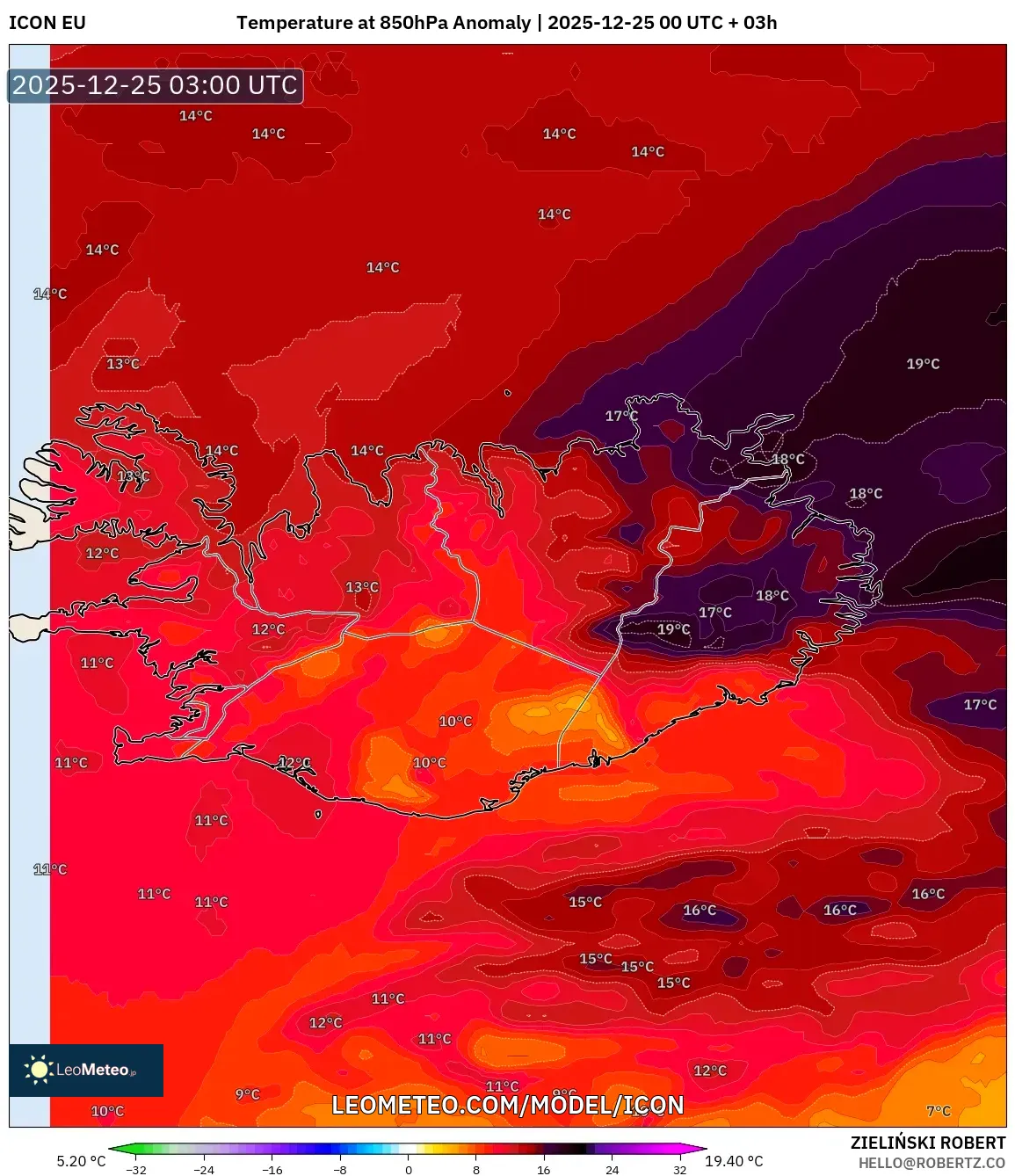 ICON model - Iceland, Temperature at 850hPa Anomaly