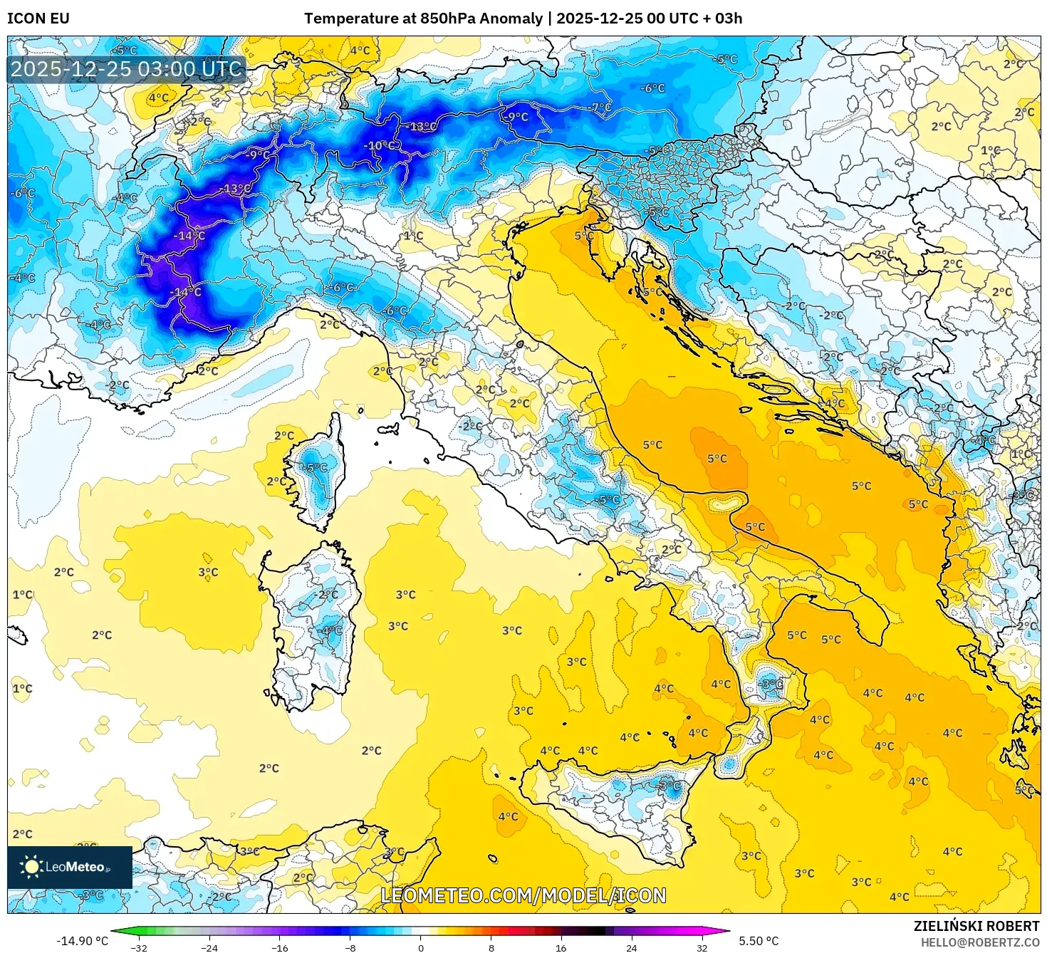 ICON model - Italy, Temperature at 850hPa Anomaly