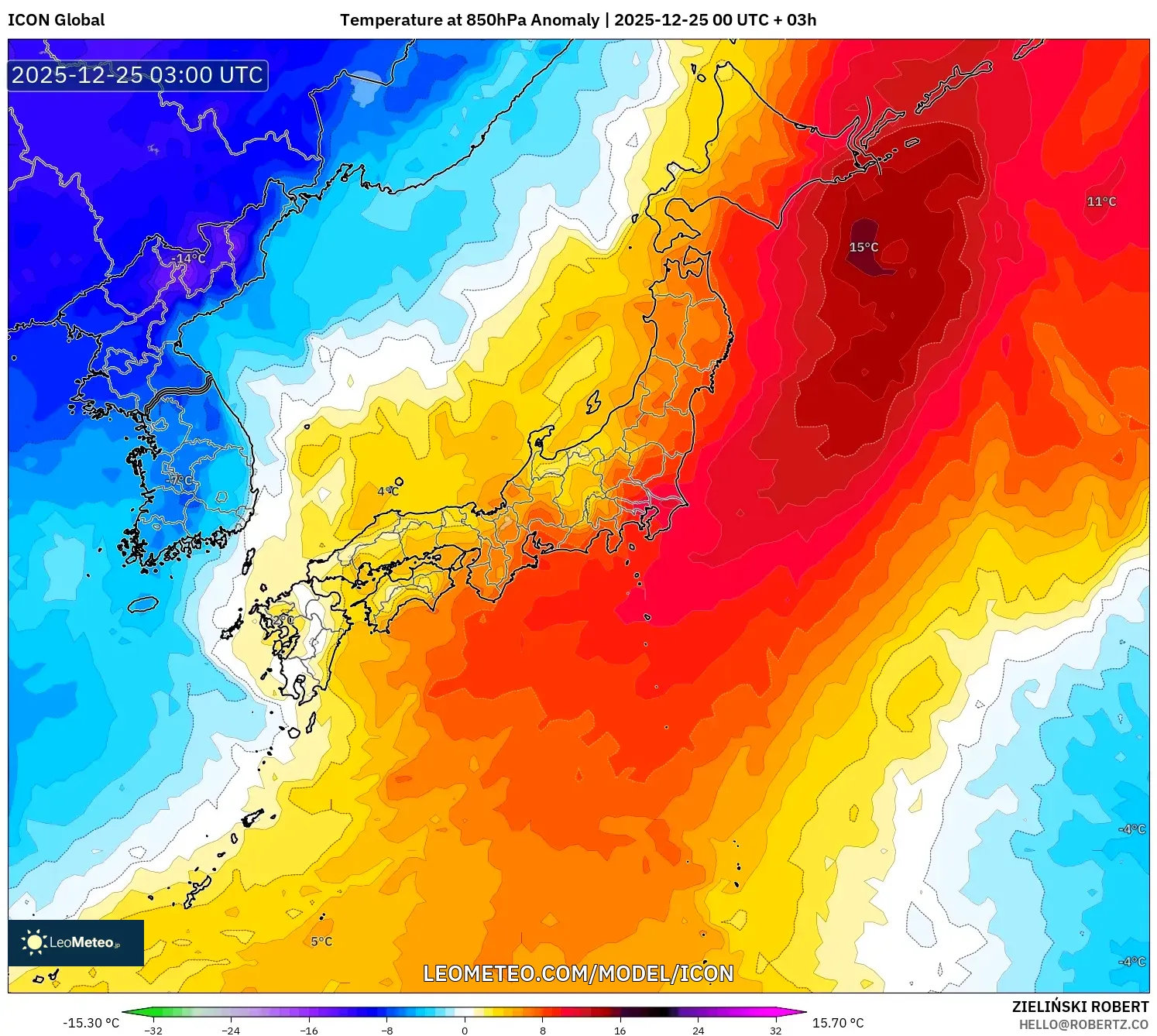 ICON model - Japan, Temperature at 850hPa Anomaly
