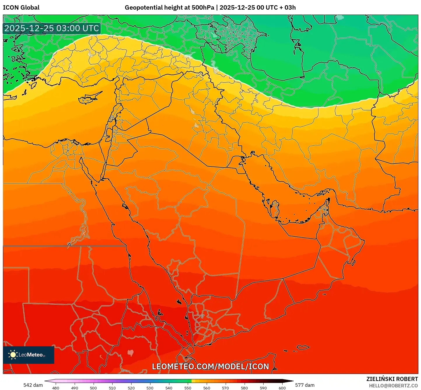 ICON model - Middle East, Geopotential height at 500hPa