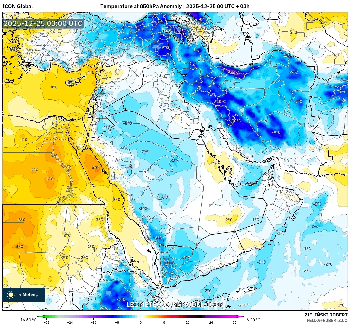 ICON model - Middle East, Temperature at 850hPa Anomaly