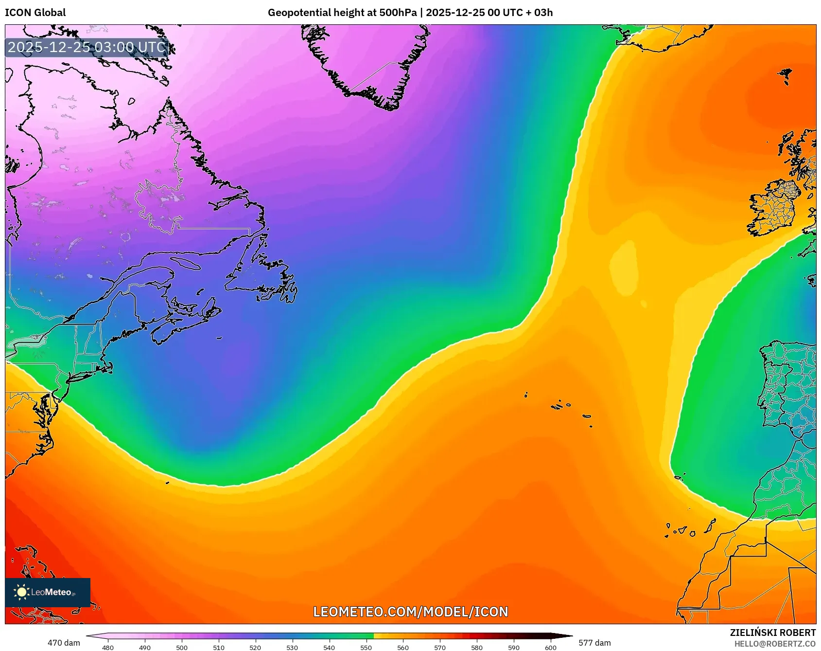 ICON model - North Atlantic, Geopotential height at 500hPa