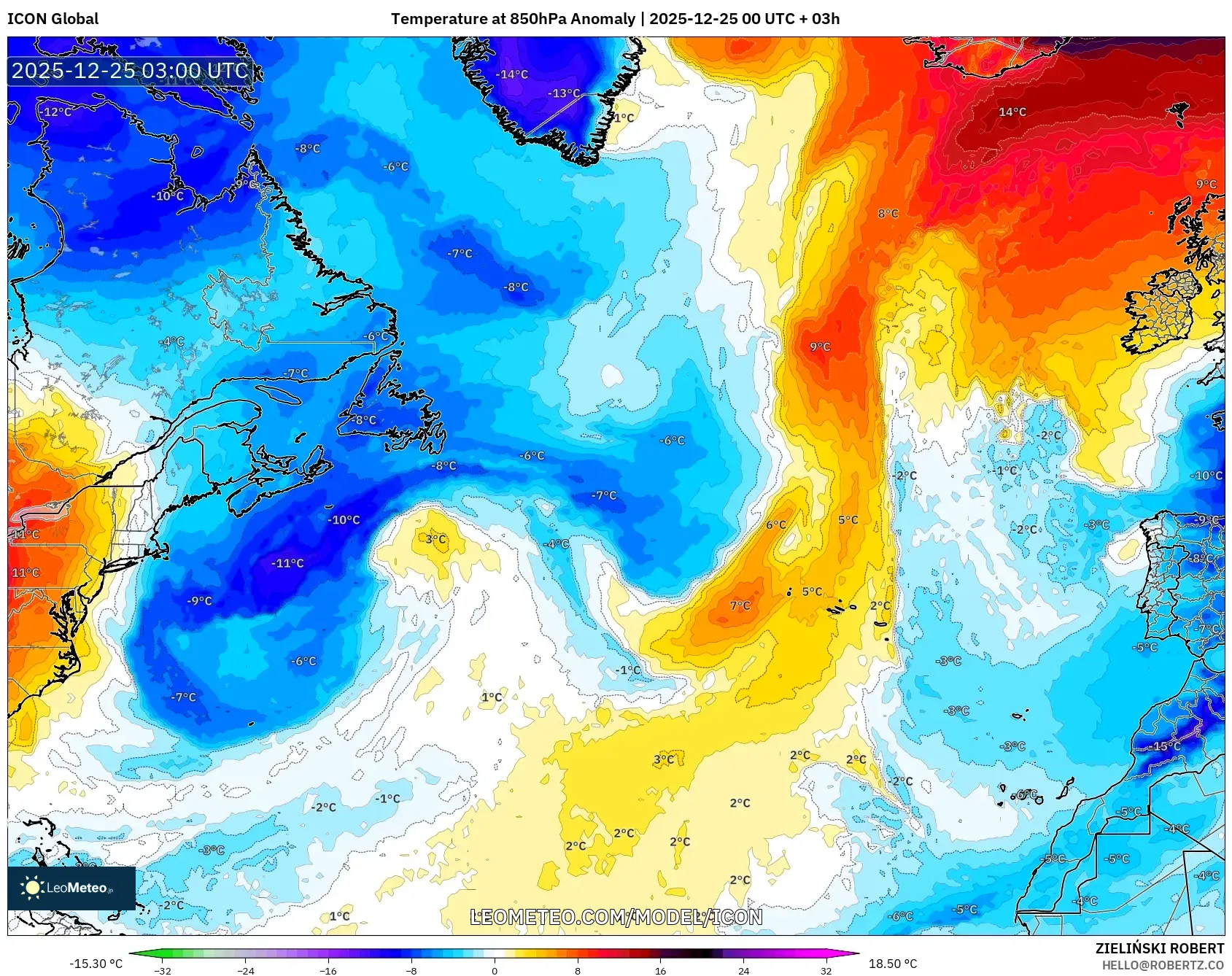 ICON model - North Atlantic, Temperature at 850hPa Anomaly