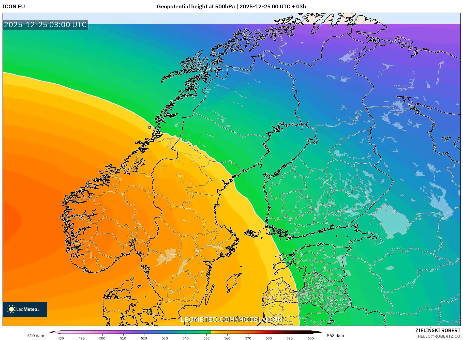 ICON model - Scandinavia, Geopotential height at 500hPa