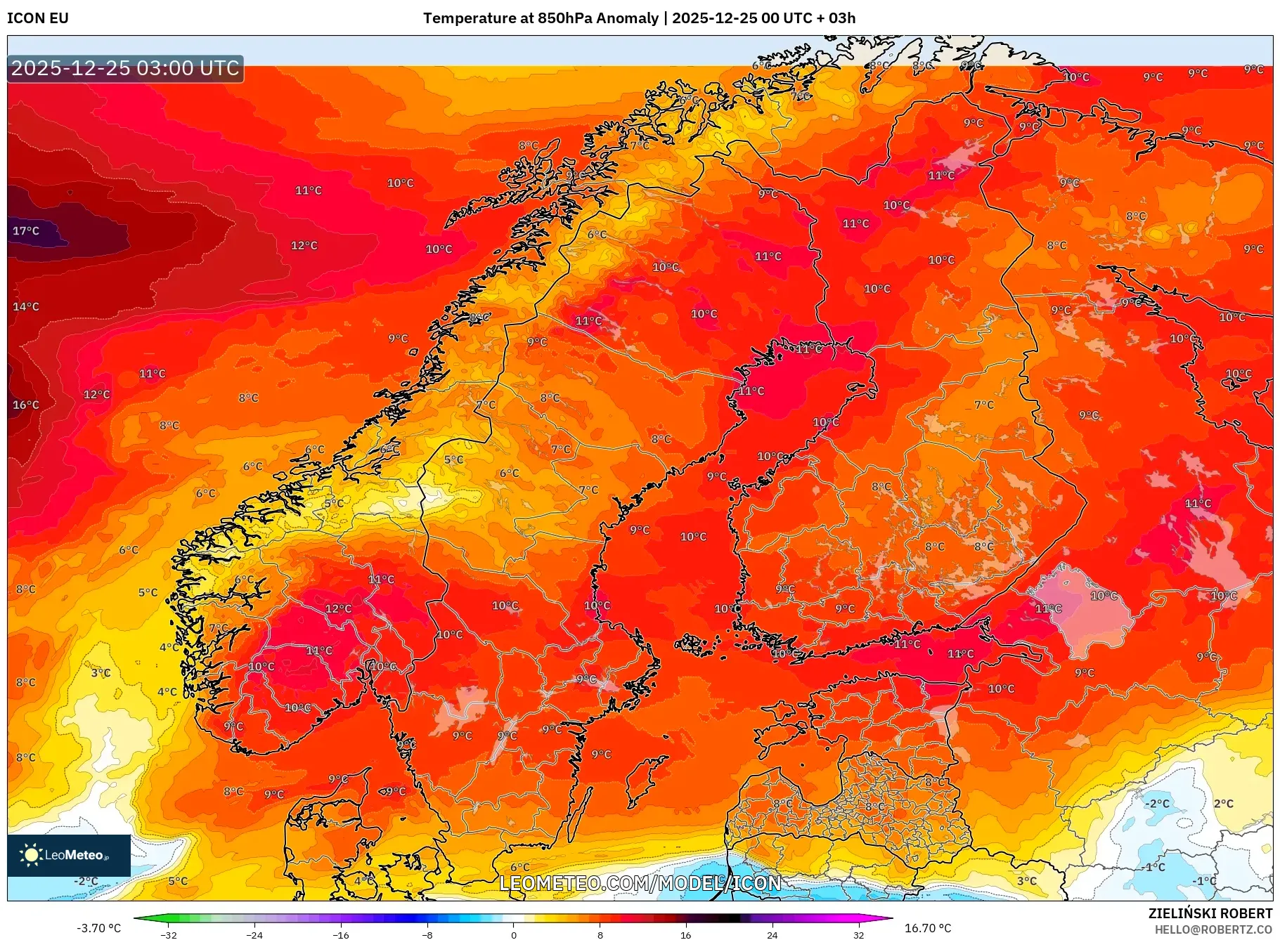 ICON model - Scandinavia, Temperature at 850hPa Anomaly